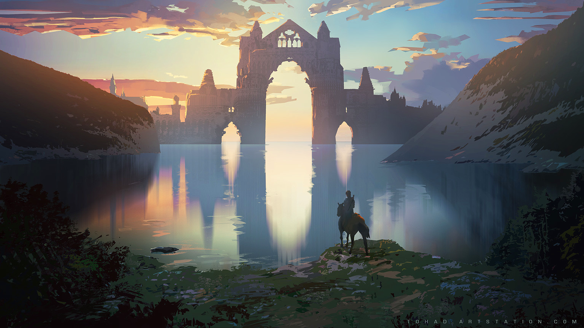 Sylvain Sarrailh Artwork Water Horse Fantasy Architecture Sunset Bridge Landscape Knight Alone Sword 1920x1080