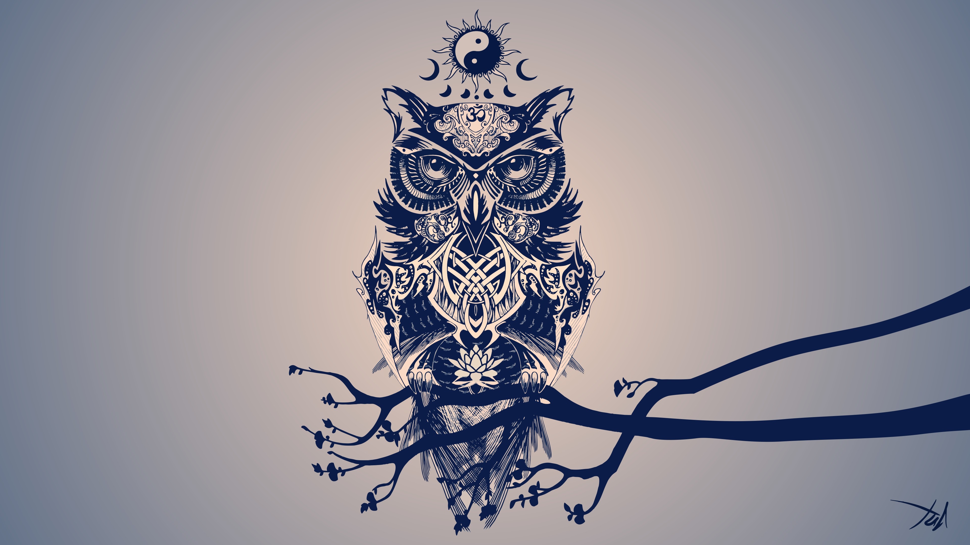 Minimalism Owl Digital Art Tribal Religion Violet Yin And Yang Artwork Om 3840x2160