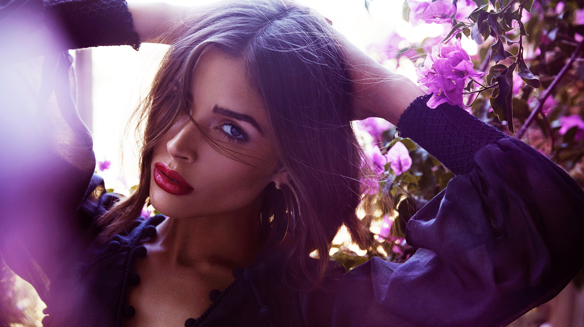 Olivia Culpo Women Brunette Model Shoulder Length Hair Dark Hair Women Outdoors Flowers Face Plants  1920x1075