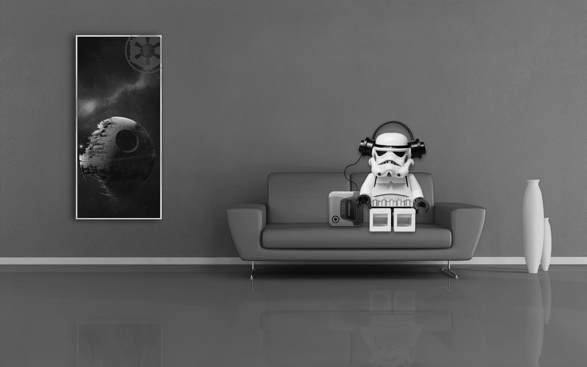 Star Wars LEGO Star Wars Stormtrooper Couch Headphones Music Living Rooms Death Star Reflection Toys 1920x1200