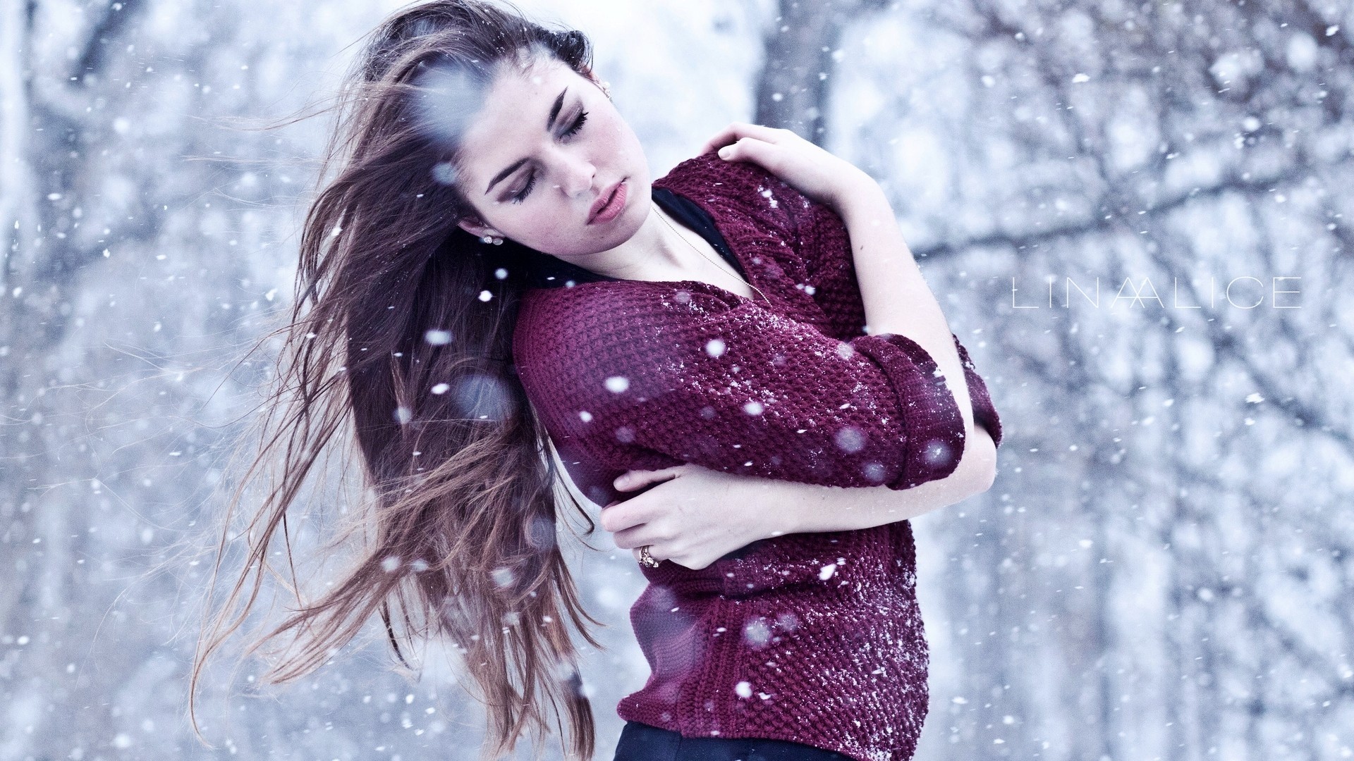 Women Women Winter Lina Sweater Snow Model Women Outdoors Cold Long Hair Closed Eyes Red Sweater 1920x1080