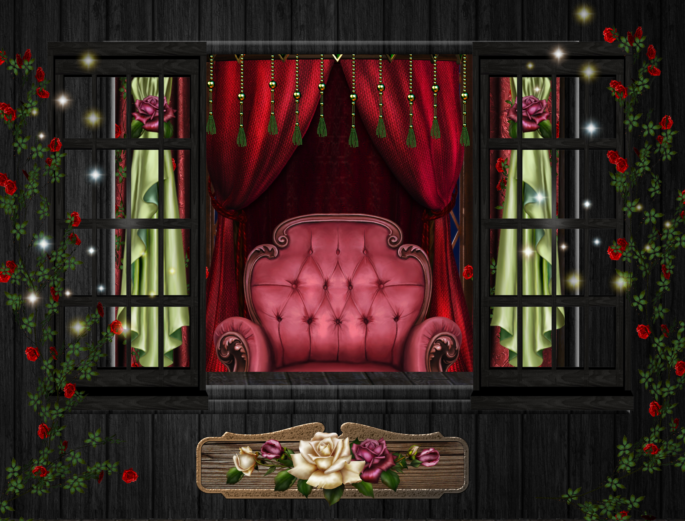Artistic Window Chair Red Rose Pink Rose Curtain 2265x1725