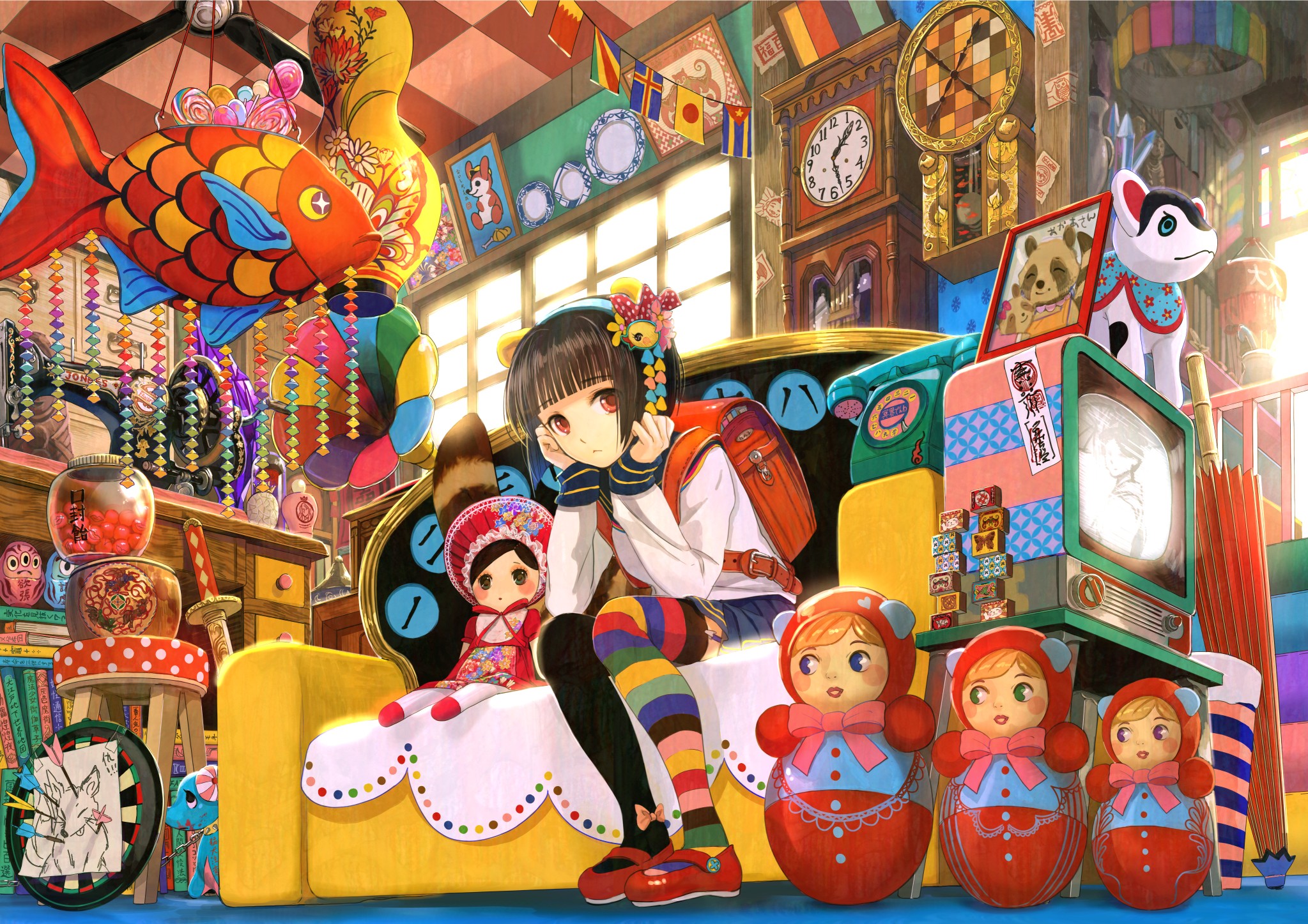 Anime Girls Fuji Choko Black Hair Hairband Indoors Original Characters Red Eyes Uniform Red Shoes Sk 2047x1447