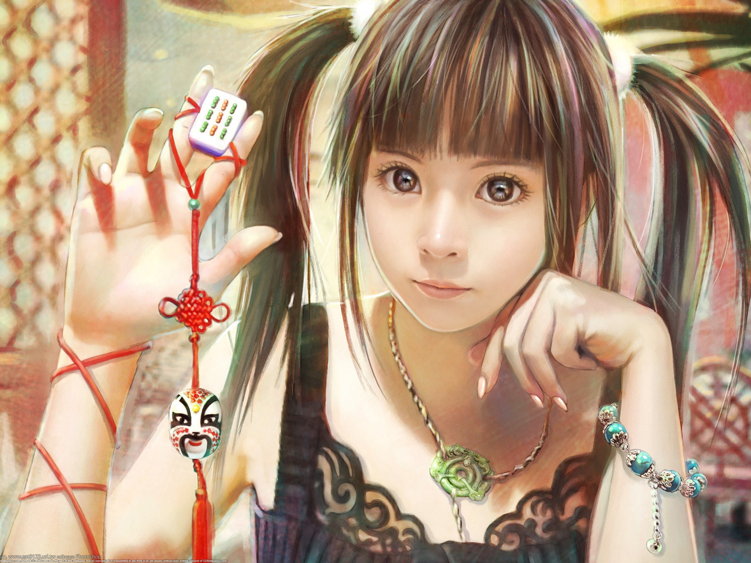 Mahjong Twintails Anime Girls Anime Hands Necklace 2560x1920