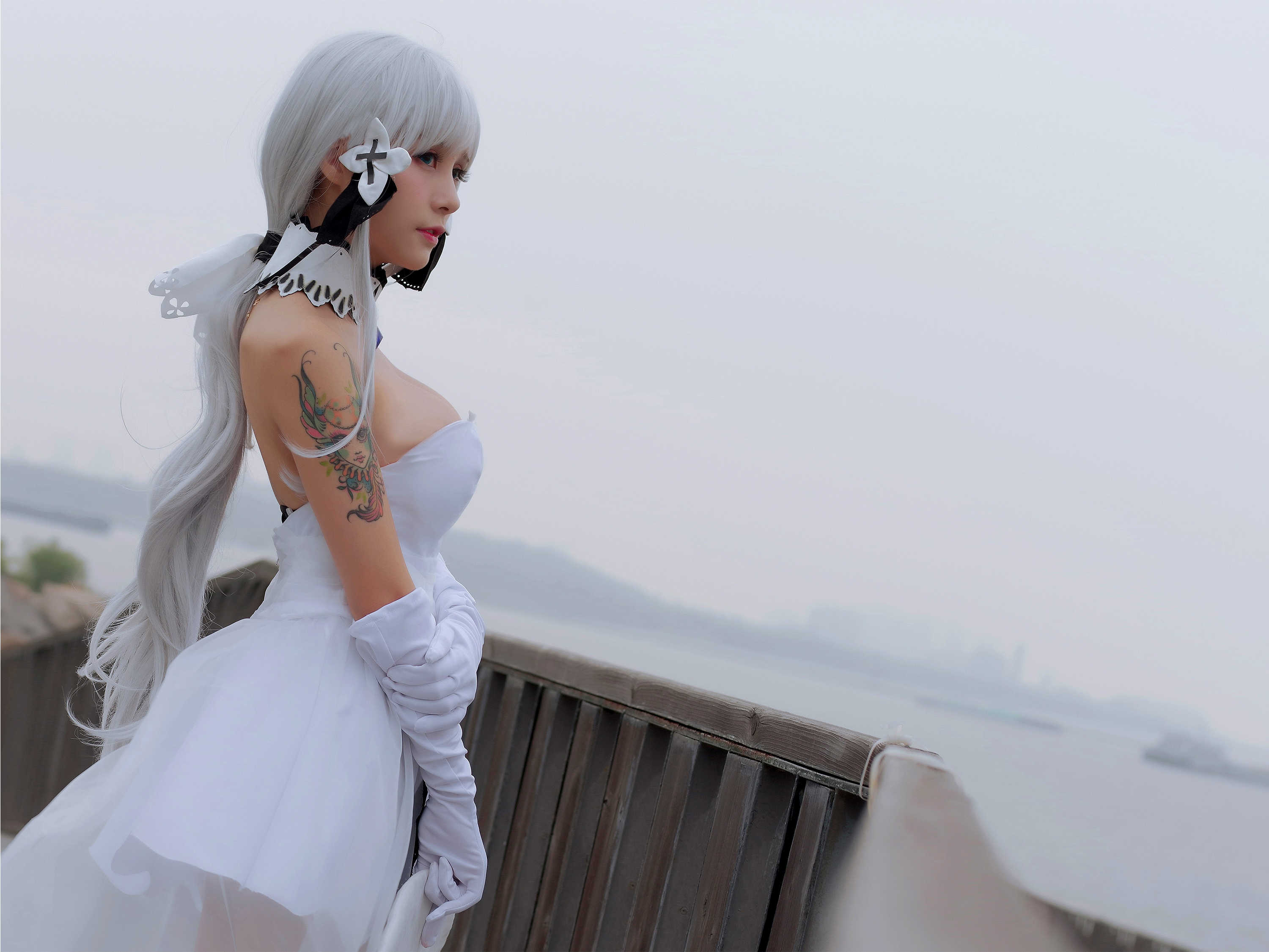 Xia M I Jiang Cosplay Outdoors Women Outdoors Tattoo Strapless Dress White Dress White Hair Beach Lo 3000x2250