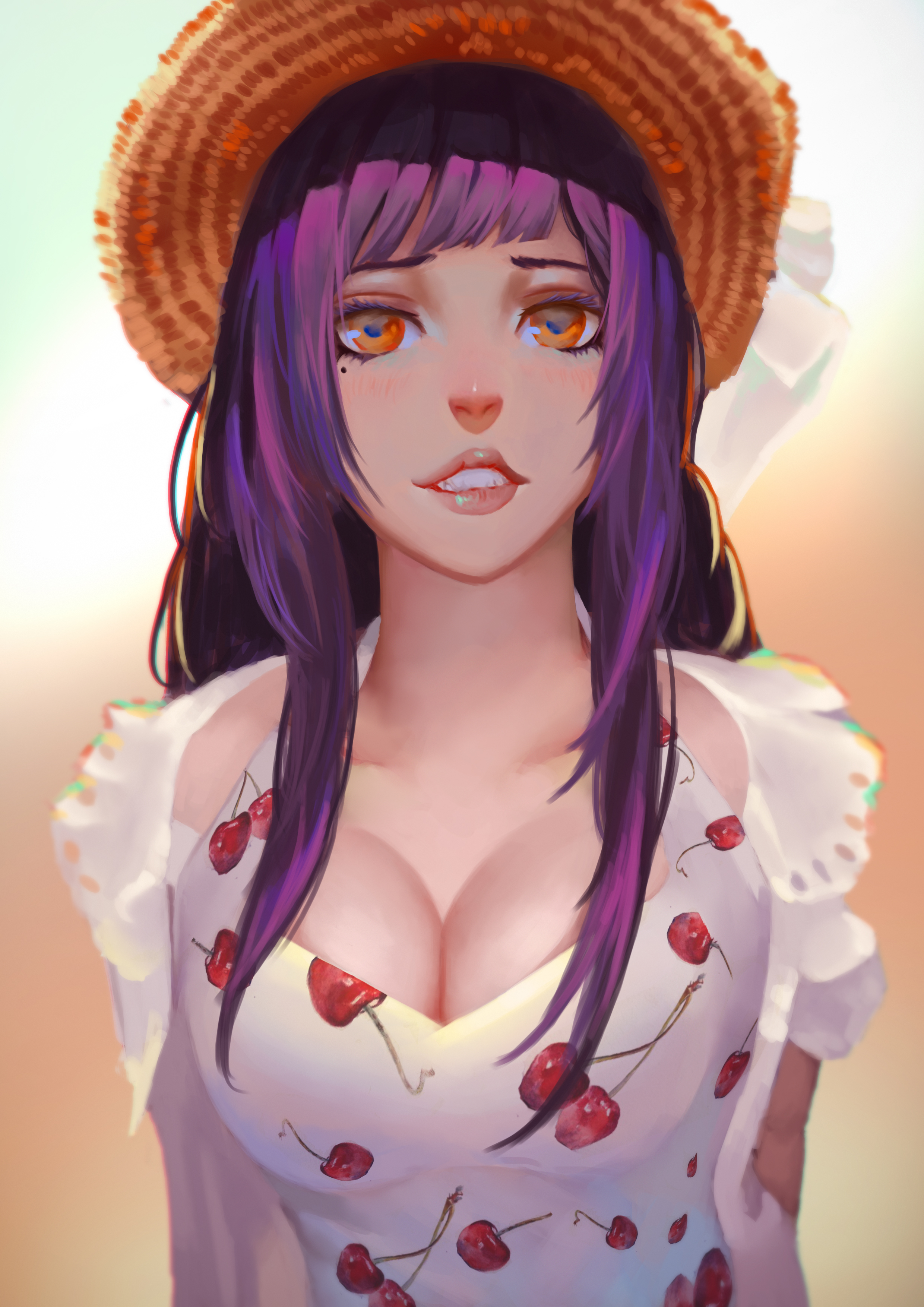 Anime Girls Original Characters Women Women With Hats Straw Hat Purple Hair Long Hair Looking At Vie 2480x3508