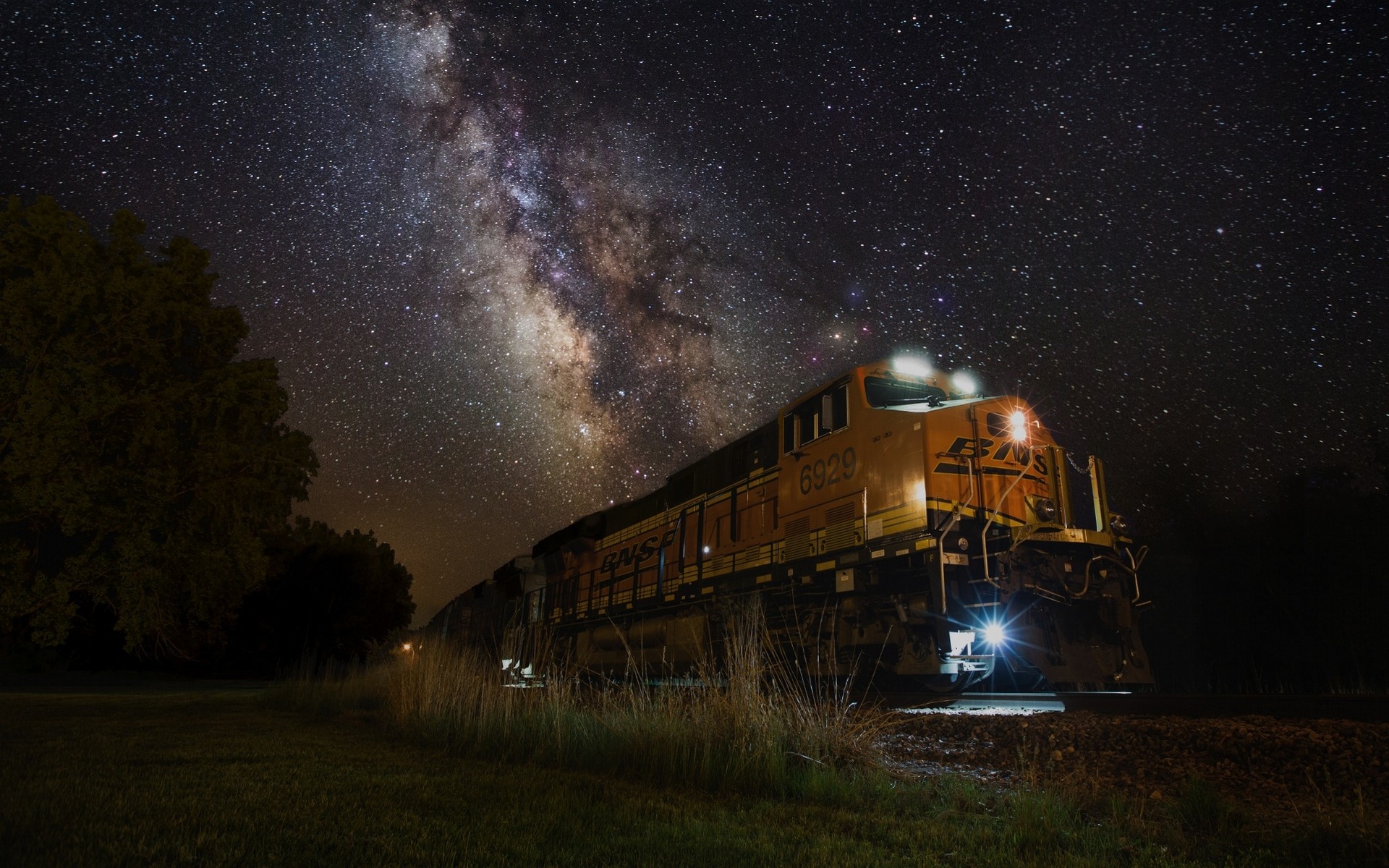 Train Diesel Locomotive Machine Milky Way Grass Trees Starry Night Landscape Lights 1920x1200
