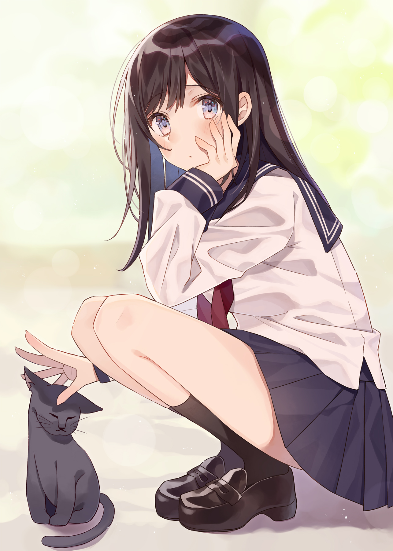 Anime Anime Girls Simple Background Blue Eyes Black Hair Cats Original Characters School Uniform Sai 1285x1803