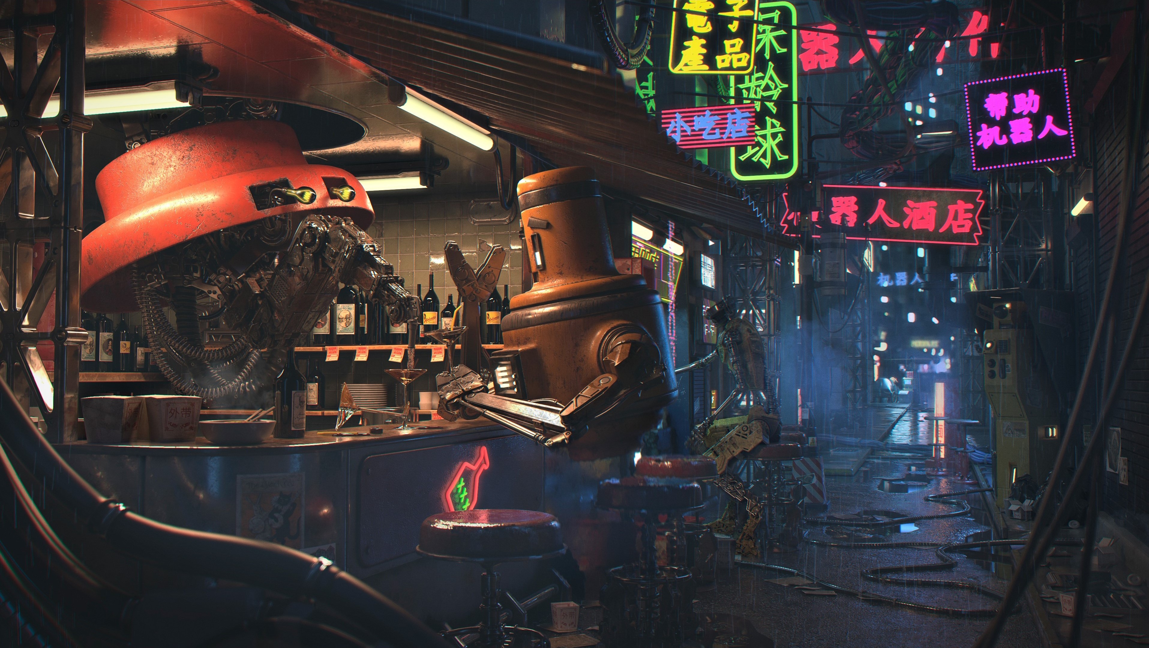 Digital Digital Art Artwork Science Fiction Robots Street View Cyberpunk Retrowave Synthwave Futuris 3830x2160