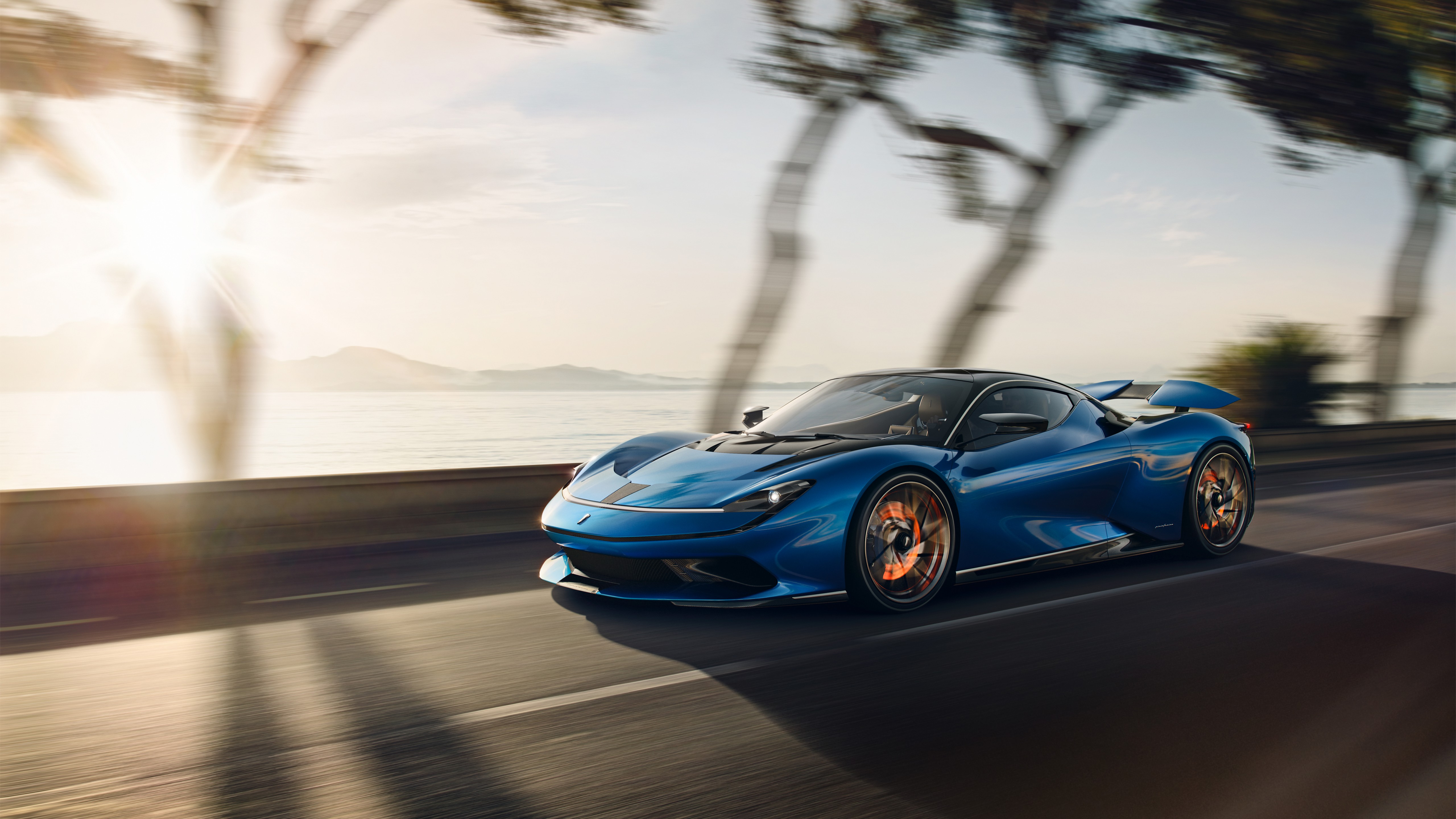 Car Pininfarina Sunset Vehicle Supercars Blue Cars Asphalt Sunlight 5120x2880