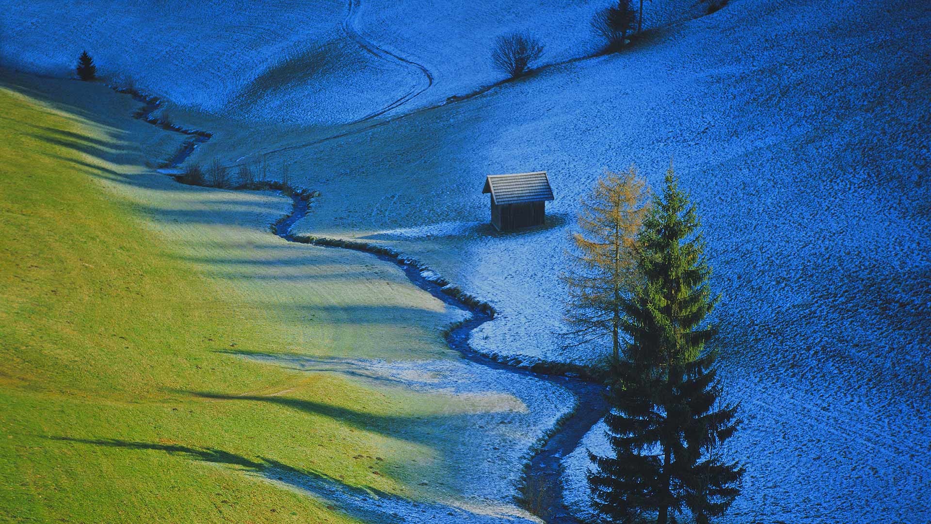 Nature Landscape Trees Tyrol Austria Valley Pine Trees Snow Grass Field Winter House Stream Shadow 1920x1080