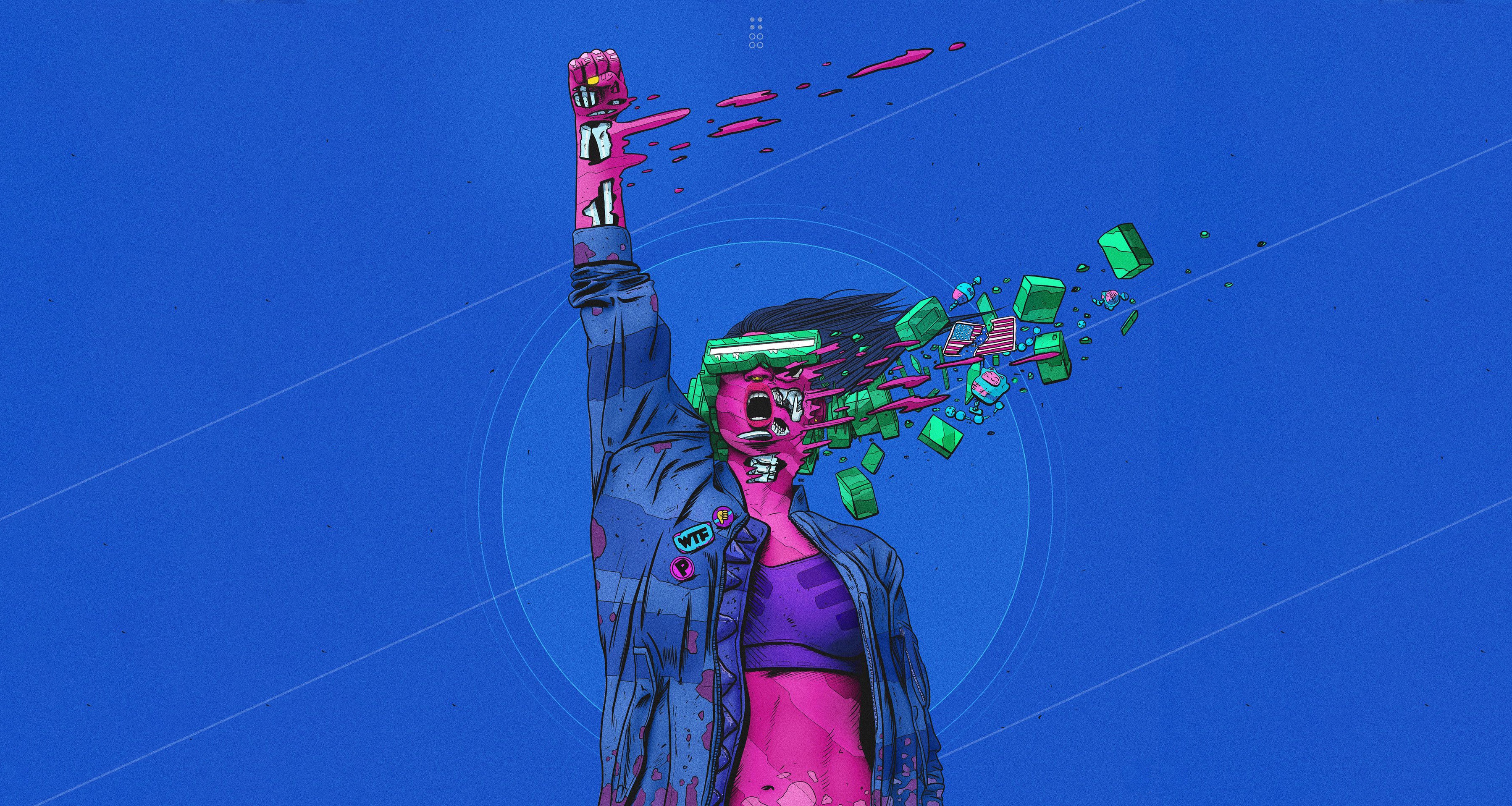 Surreal Artwork Digital Art Blue Background Abstract Cyberpunk Women Skeleton Skin Nick Sullo 3600x1920