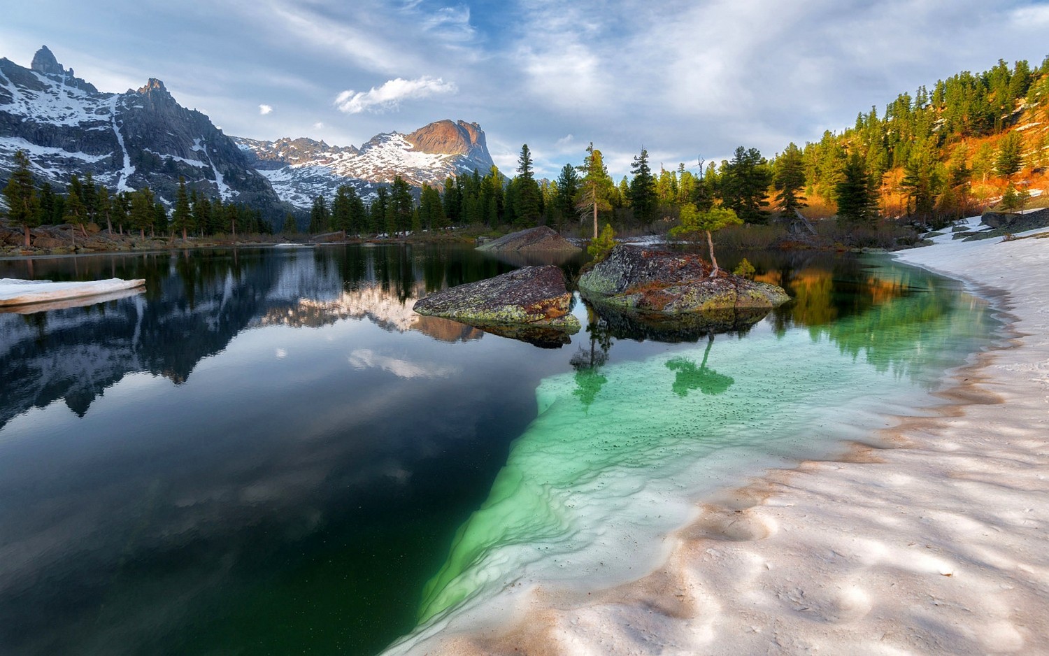 Landscape Nature Siberia Summer Mountains Forest Snowy Peak Lake Reflection Clouds Water Russia 1500x938