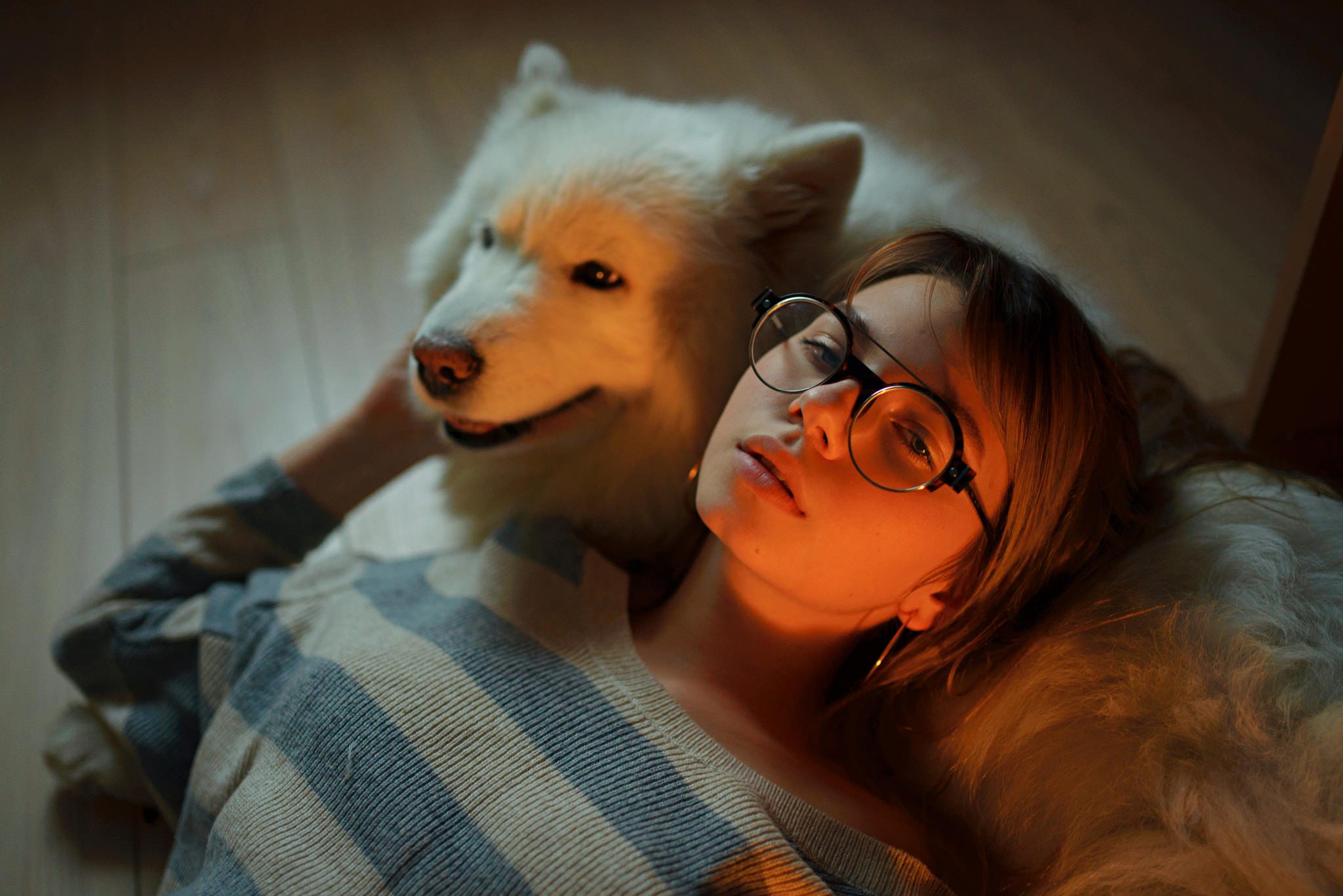 Women Portrait Dog Women With Glasses Lying Down Warm Colors Looking At Viewer Striped Clothing Arti 2048x1367