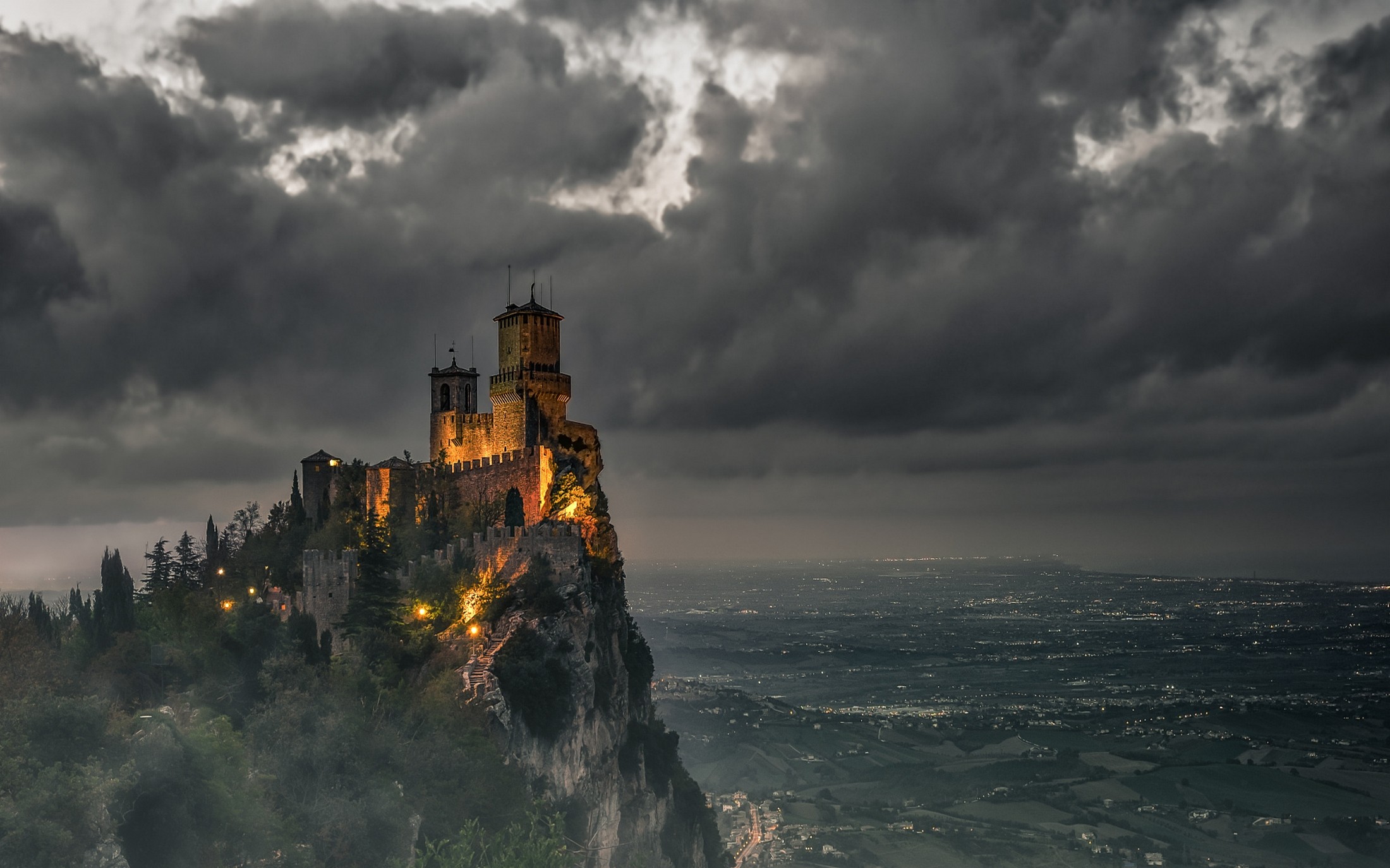 Landscape Castle Clouds Valley Sky Mountains Lights Mist San Marino Shrubs 2200x1375