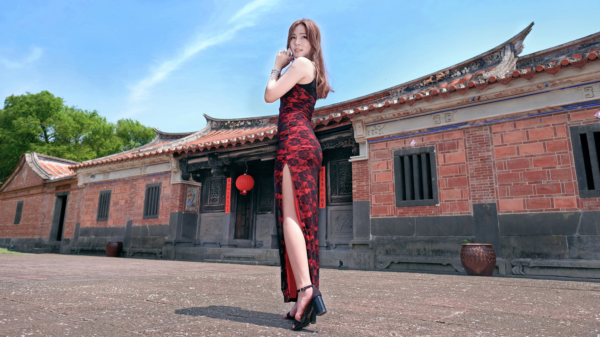 Women Model Asian Brunette Heels Feet High Cut Dress Red Dress Long Hair Looking Over Shoulder Women 1920x1080