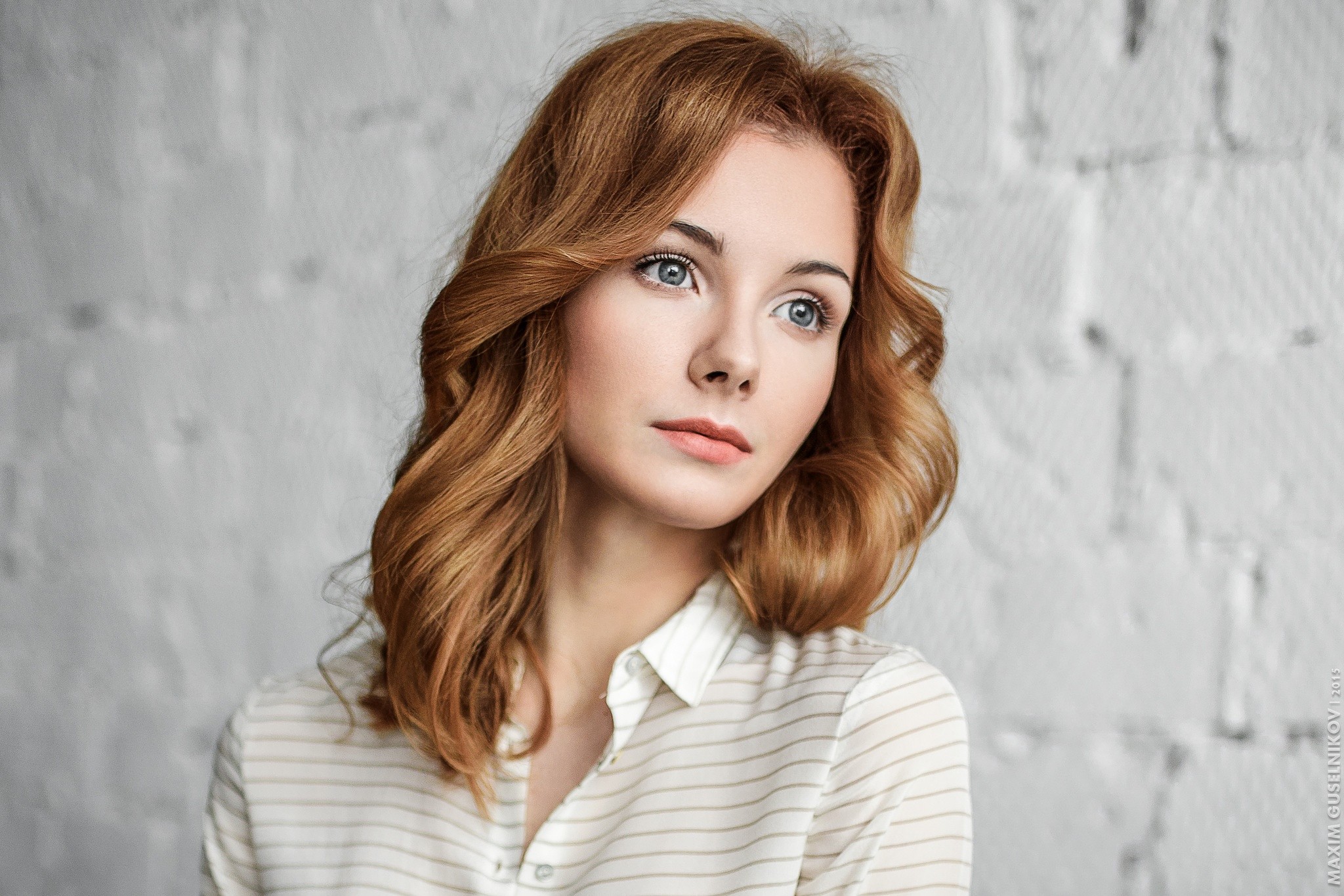 Women Redhead Face Blue Eyes Looking Away Striped Clothing Margarita Petrusenko 2048x1365