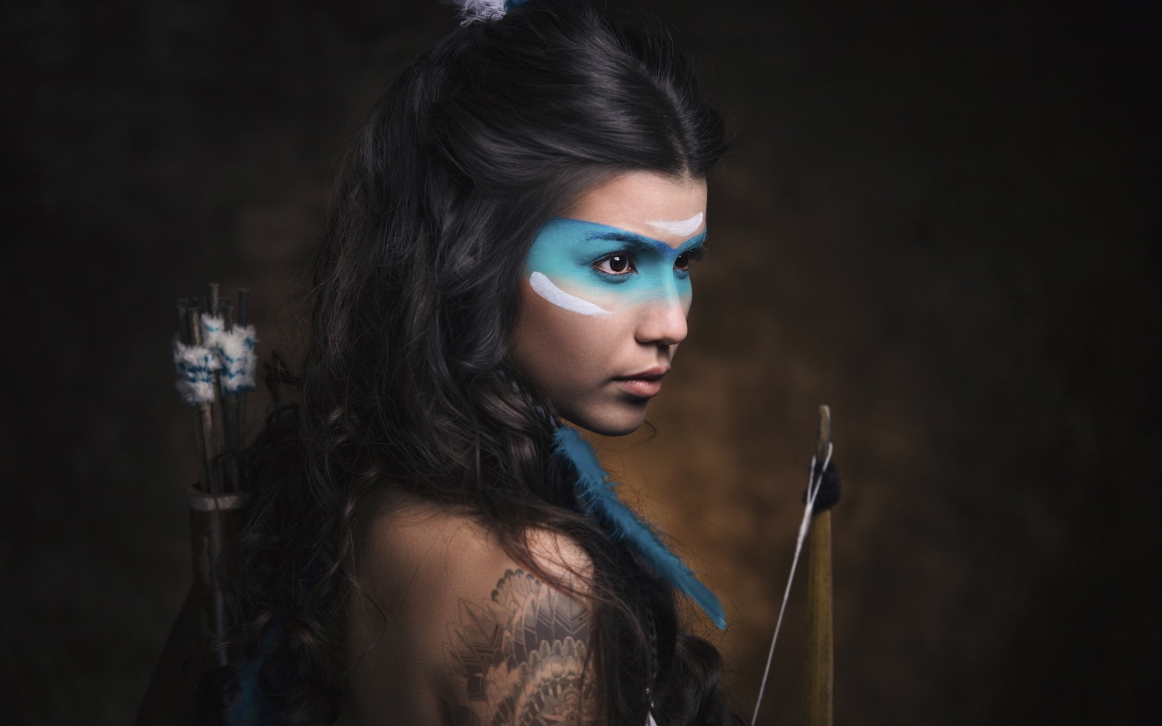 Archer Women Face Paint Brunette Tattoo Tattoo Indian Makeup Long Hair Profile Cosplay 1680x1050