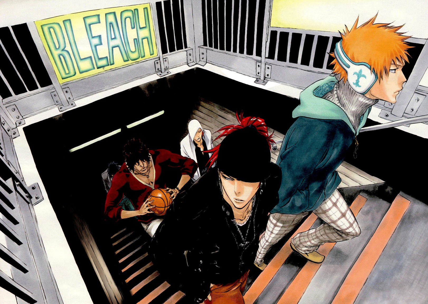 Bleach Basketball Abarai Renji Kurosaki Ichigo Stairs Yasutora Sado Climbing Anime Headphones 1621x1150