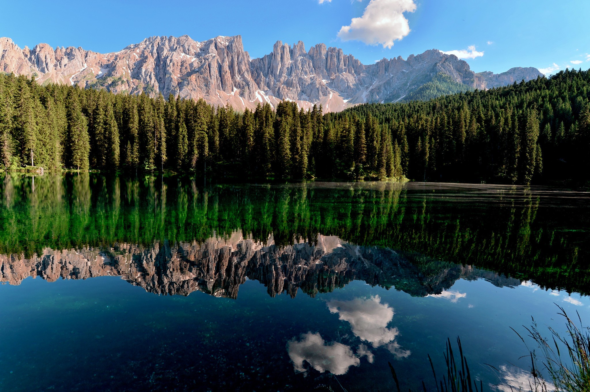 Landscape Karersee Dolomites Mountains Dolomite Alps Lake Reflection Mountains Forest 2048x1363