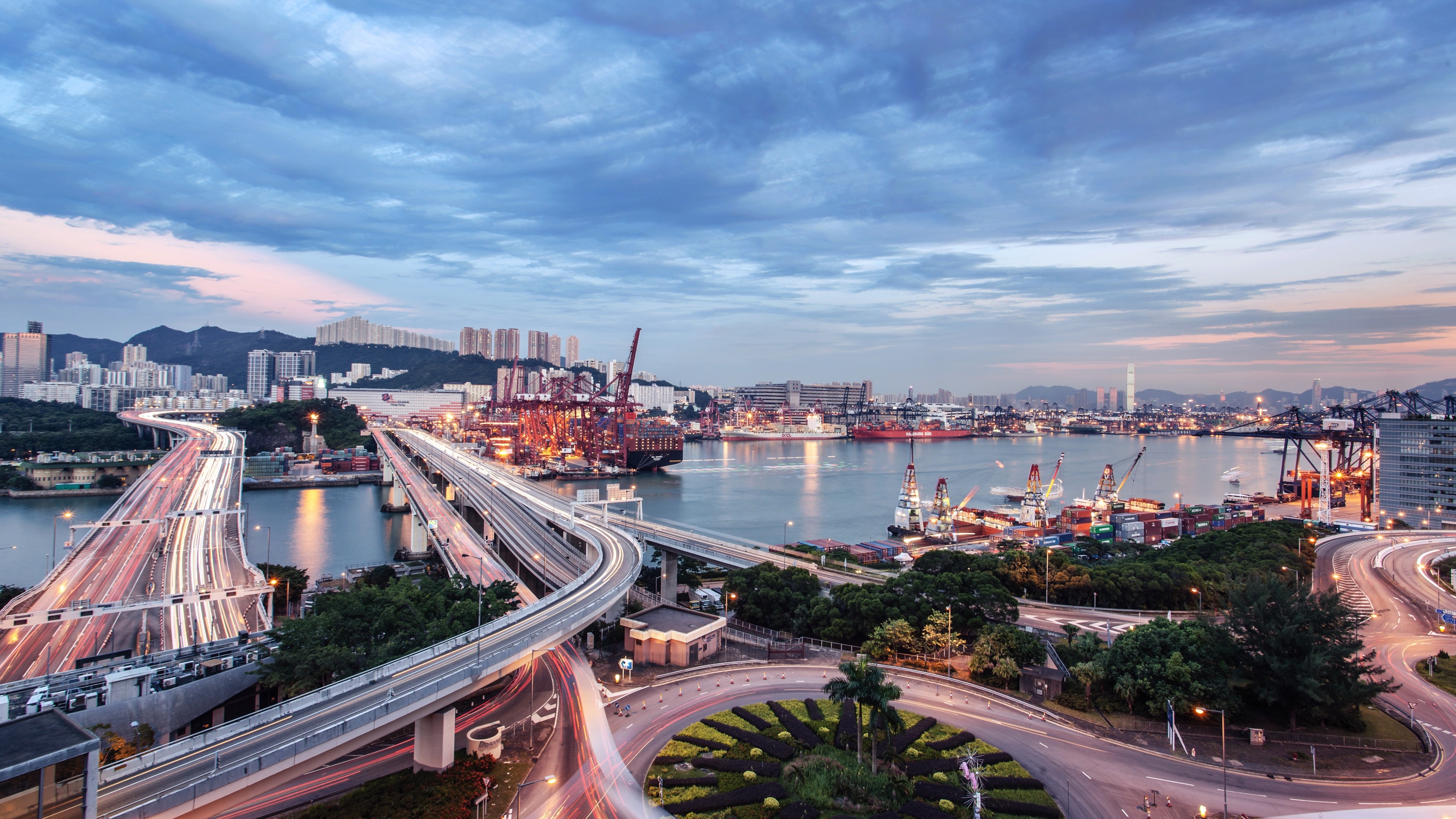 Architecture Building City Cityscape Clouds River Road Ship Dock Lights Light Trails Evening Sunset  3840x2160