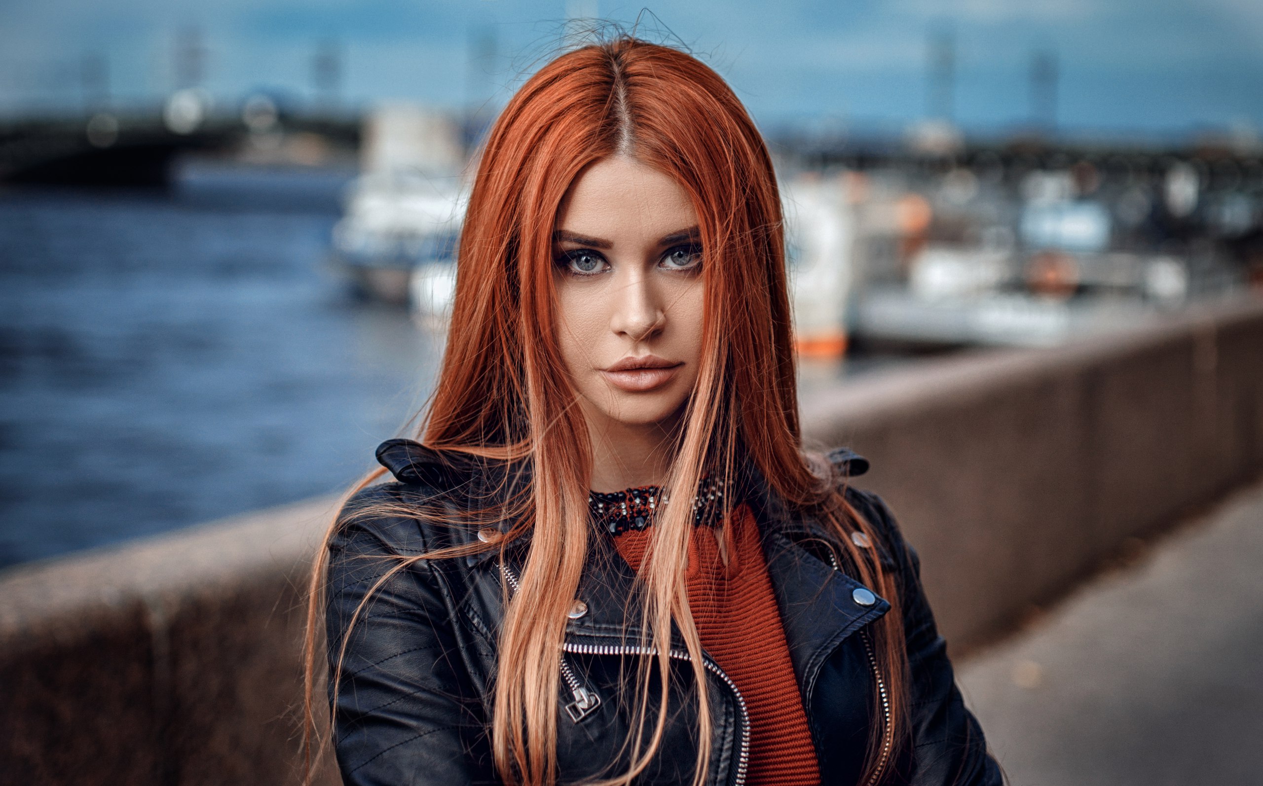 Dana Bounty Women Redhead Portrait Leather Jackets Depth Of Field Women Outdoors 2560x1594