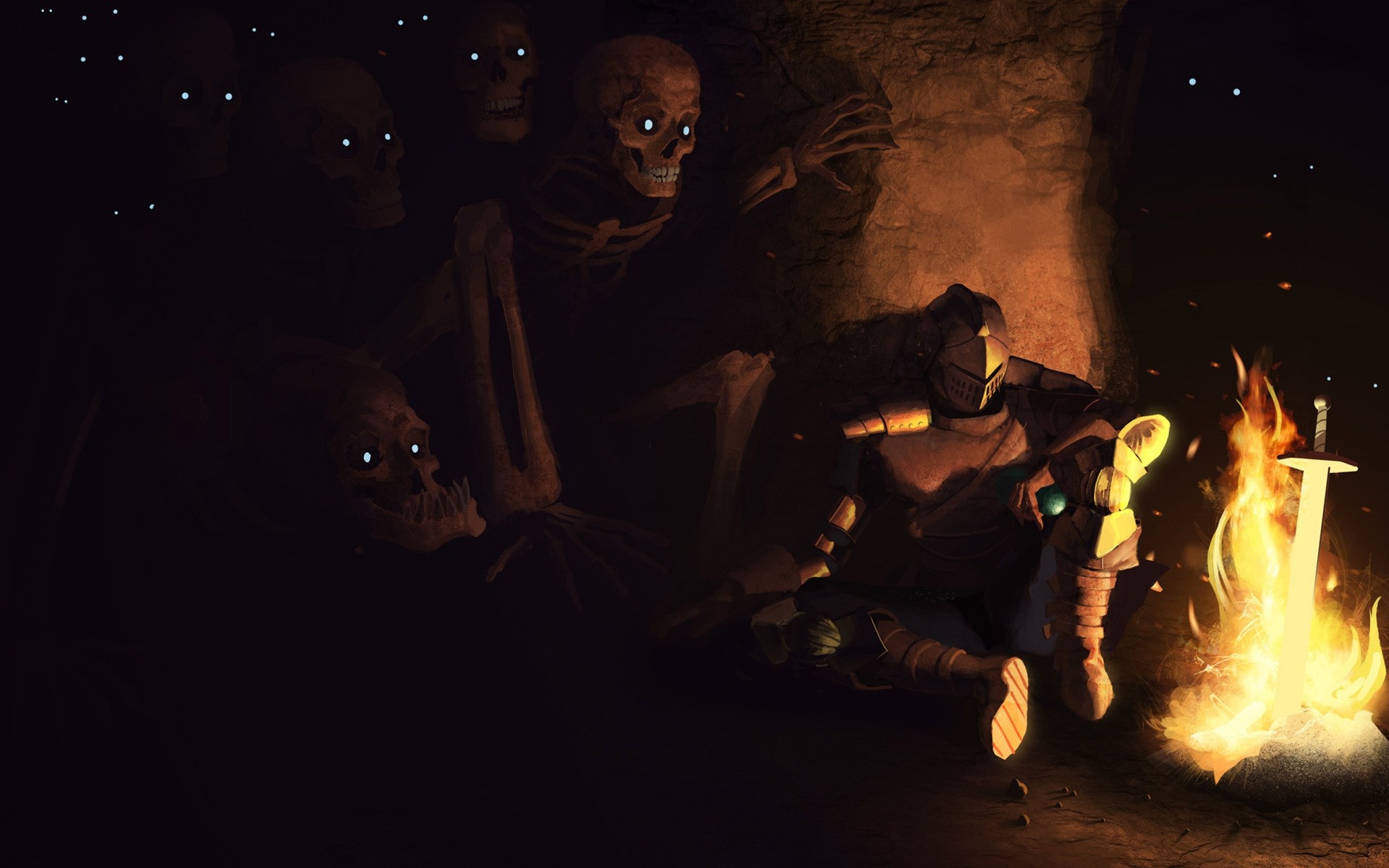 Dark Souls Video Games Fireplace Glowing Eyes Dark Fan Art Fantasy Art Skull Bones Knight Creepy Eye 1920x1200