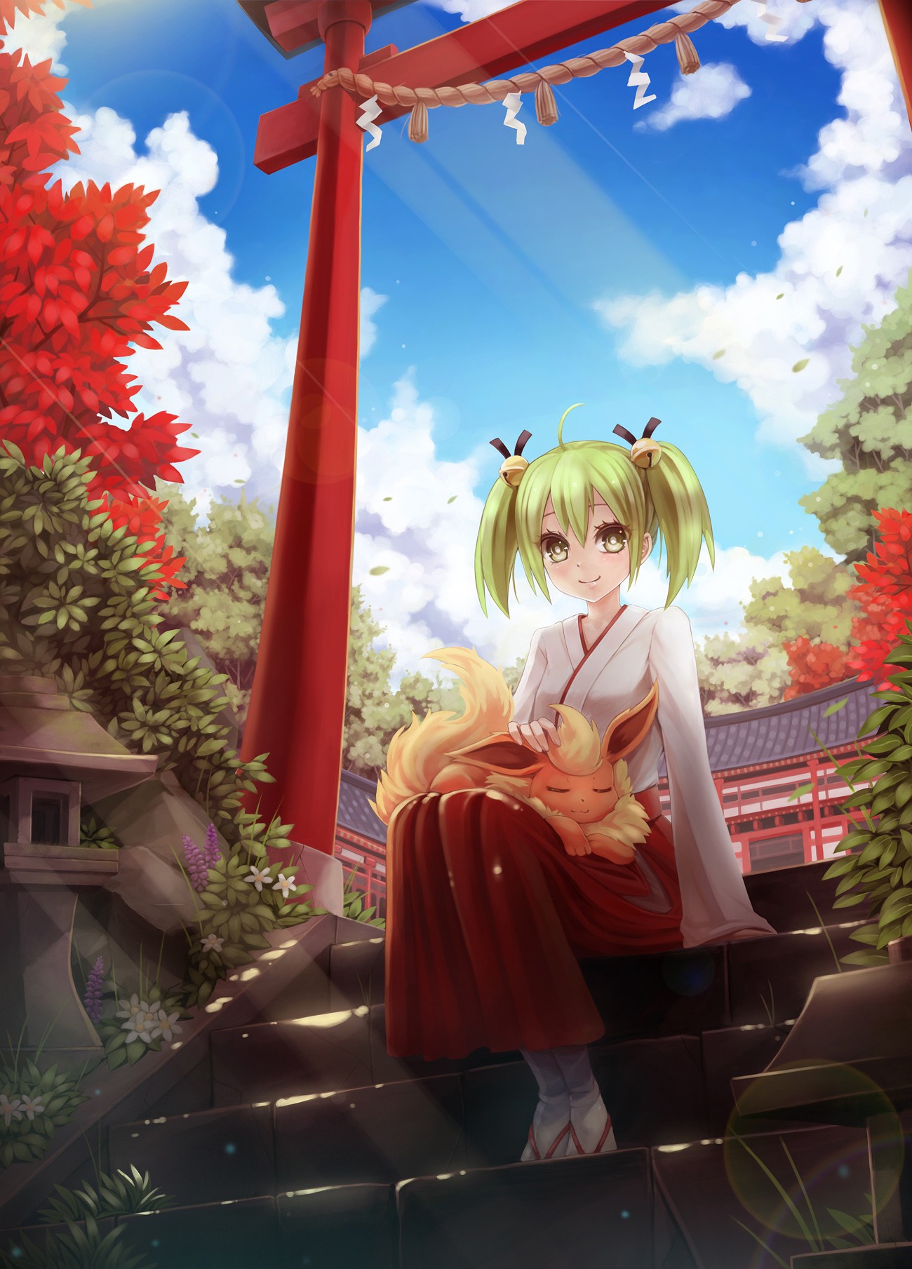 Anime Anime Girls Short Hair Green Eyes Green Hair Japanese Clothes Tamaki Pokemon Flareon 1300x1809