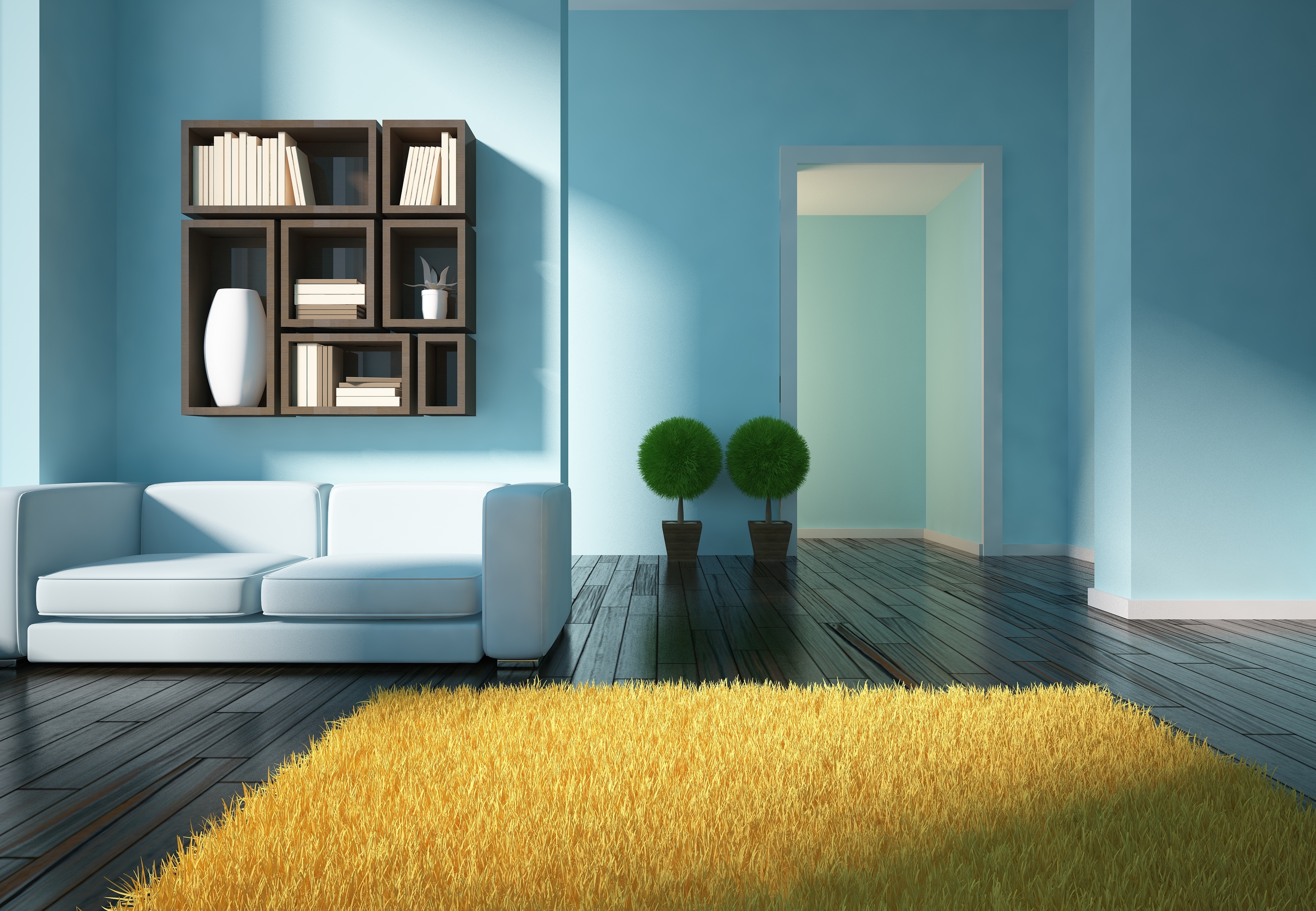 Room Interior Wooden Surface Carpets Minimalism Book Shelf 3d Design 7000x4846