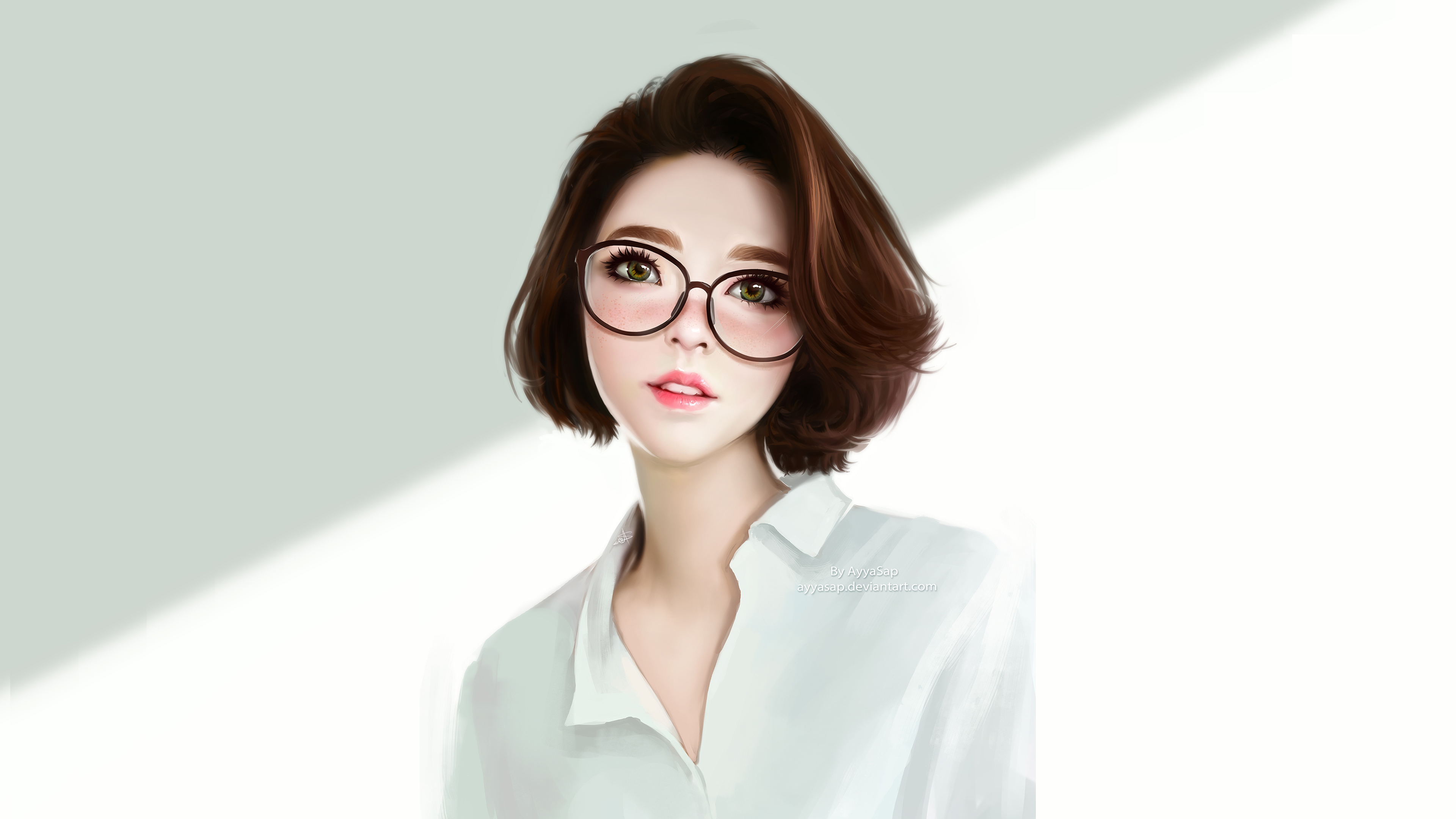 Women Digital Art AyyaSAP Anime Girls Anime Redhead Simple Background Glasses Green Eyes Looking At  3840x2160