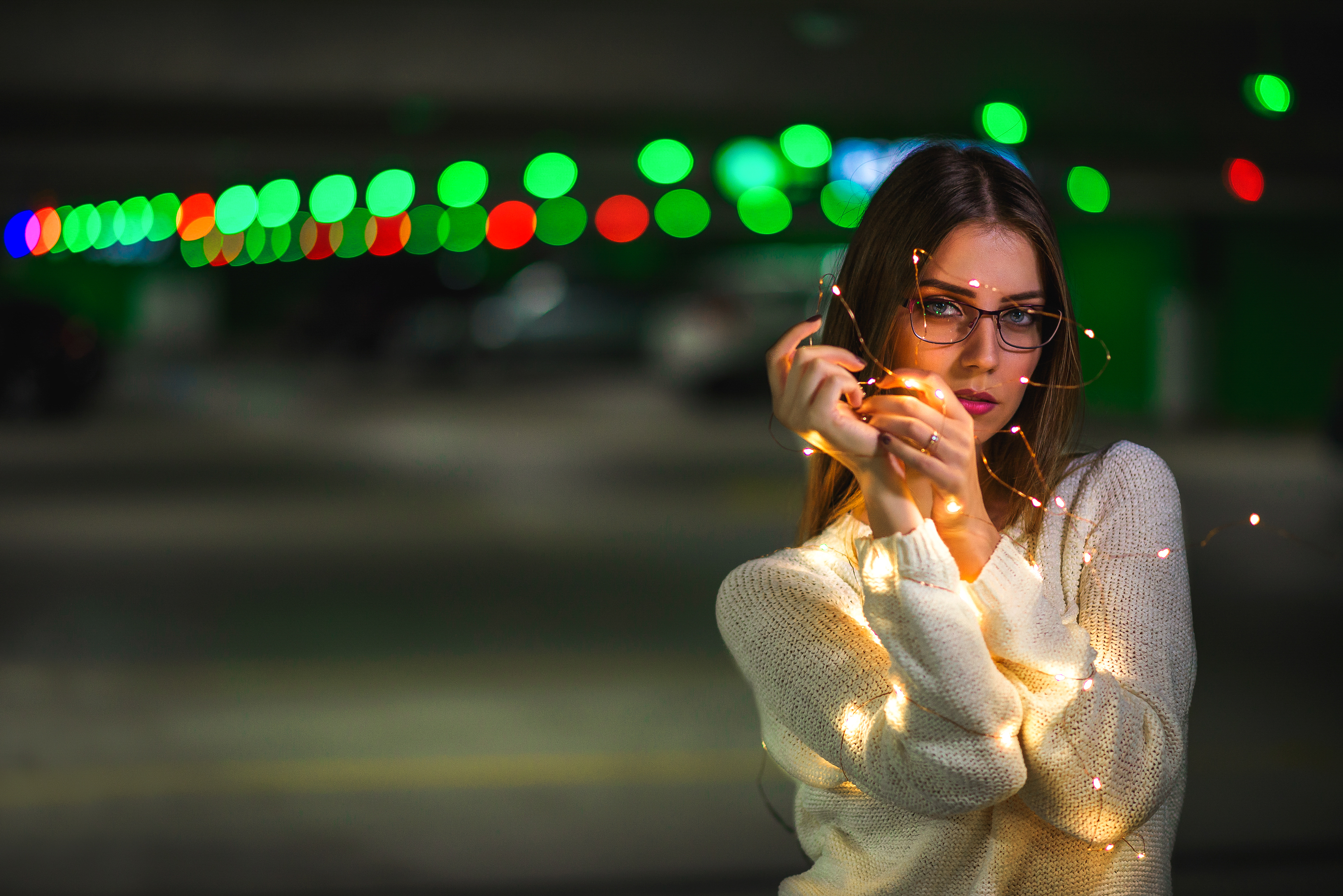 Dmitry Medved Women Model Brunette Looking At Viewer Women With Glasses Sweater White Sweater Lights 3008x2008