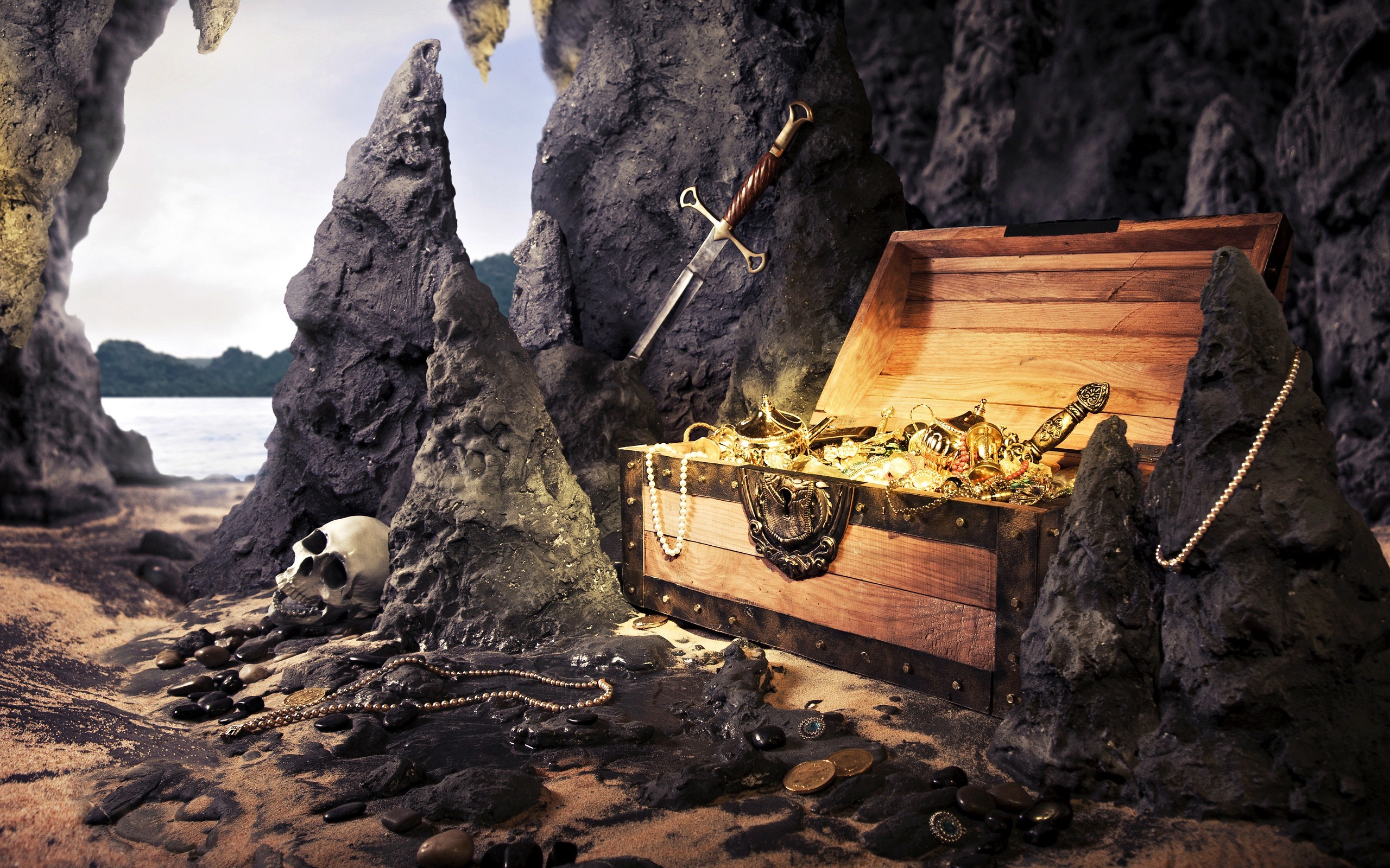 Weapon Treasure Gold Skull Sword Fantasy Art 2560x1600
