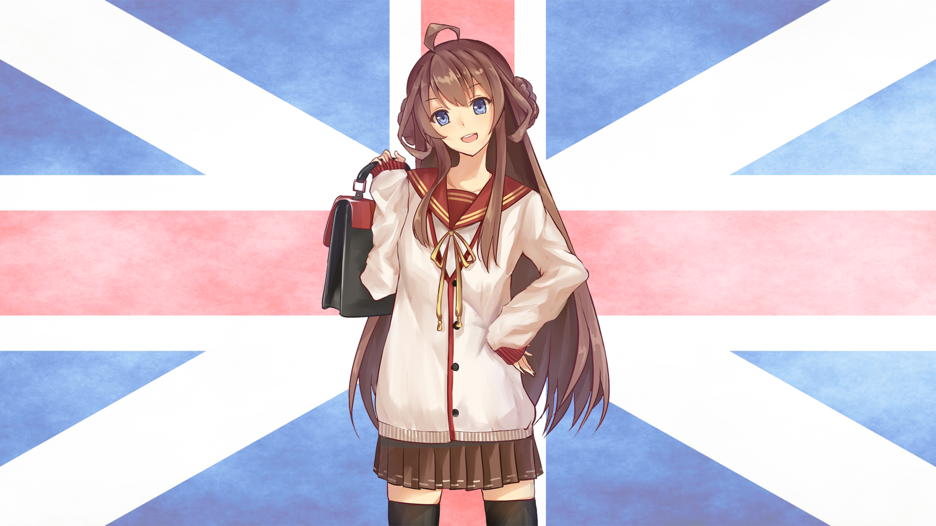 Kongou KanColle British Flag Anime Anime Girls Blue Eyes 1920x1080