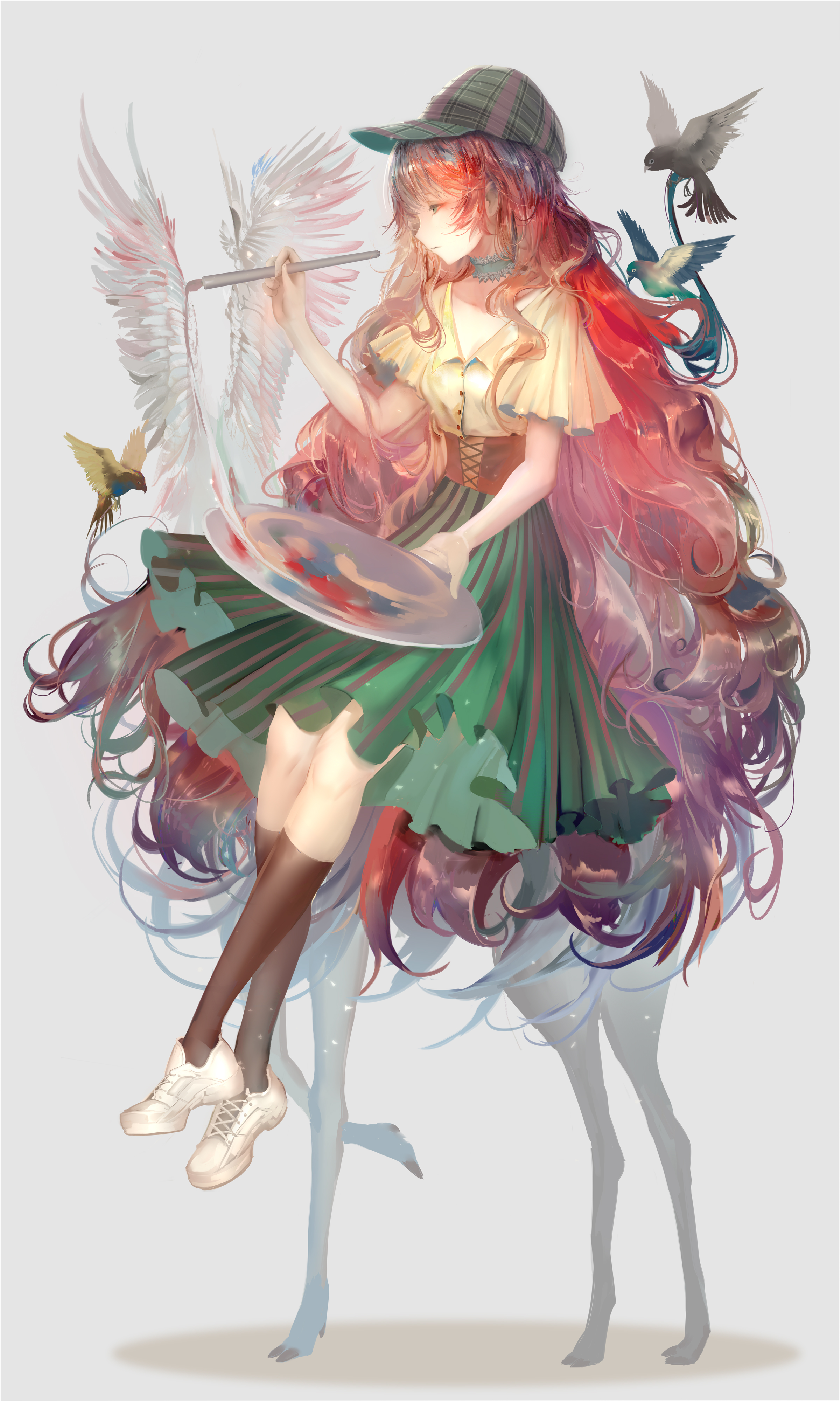 Anime Girls Original Characters Redhead Long Hair Baseball Caps Shirt Skirt Socks Sneakers Painting  2400x4000