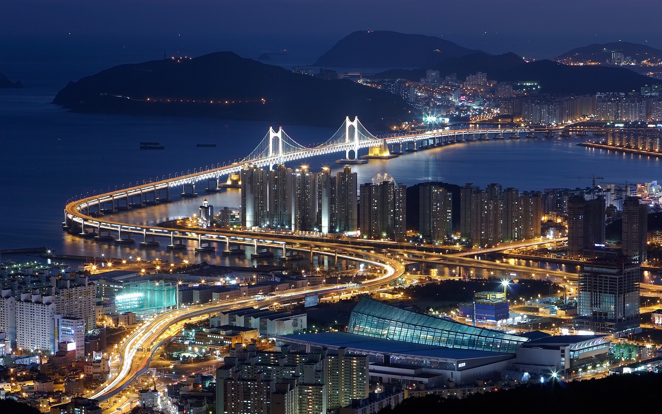 City Bridge Busan South Korea Cityscape Highway Traffic Night Sea Bay 2240x1400