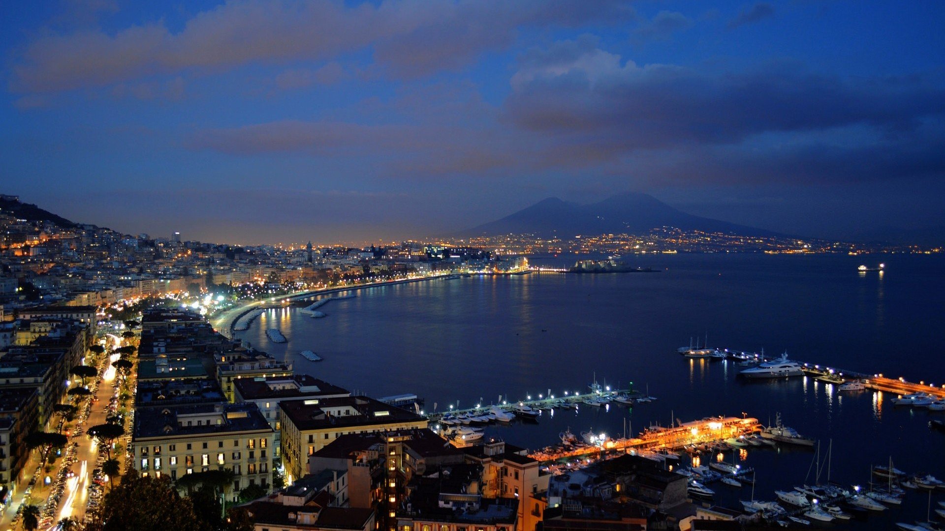 Naples Campania Italy Bay Lights Night Sky Mount Vesuvius 1920x1080