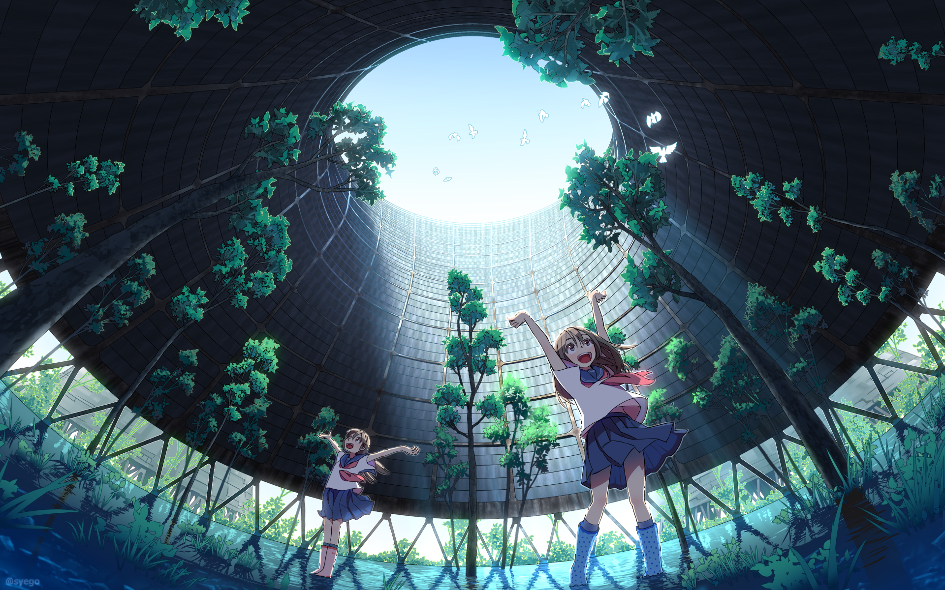 Anime Anime Girls Syego Happy School Uniform Skirt Sky Birds Arms Up Trees Water Building 1920x1200
