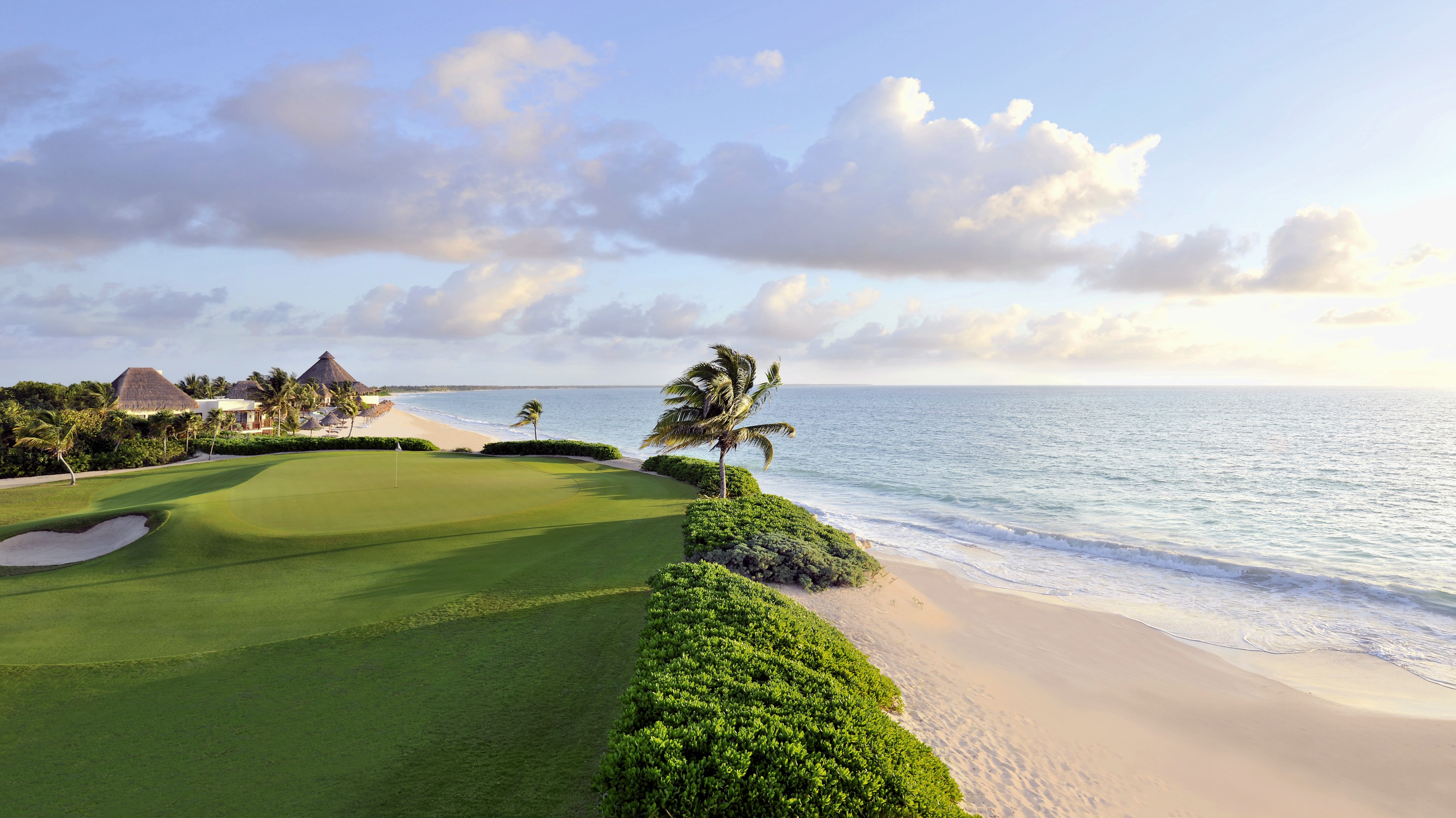 Nature Landscape Water Sea Mexico Golf Course Palm Trees Sand Grass House Field Clouds Horizon Sunli 3840x2160