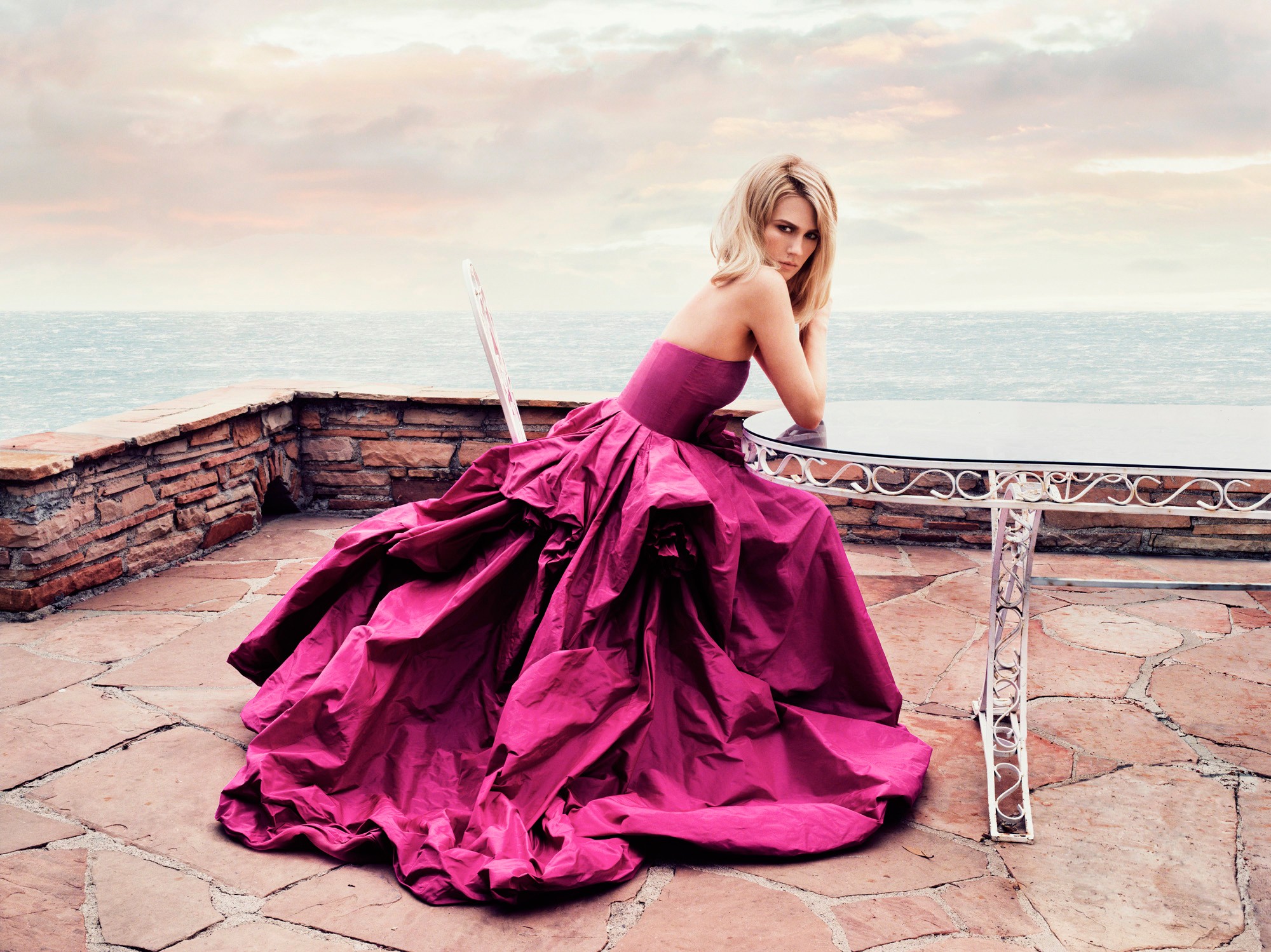 Women Dress Hair Prom Blonde Sea Evening Purple Horizon Sky 2000x1499