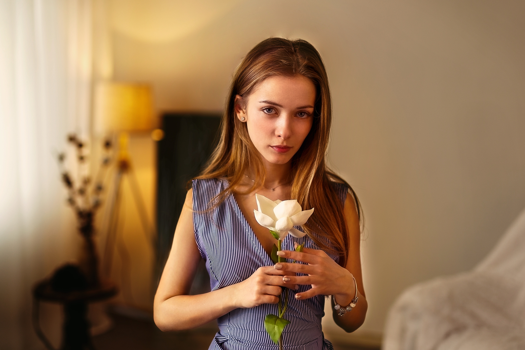 Women Face Portrait Blonde Lamp Flowers Looking At Viewer Women Indoors Ivan Losev Violet Dress 1800x1200