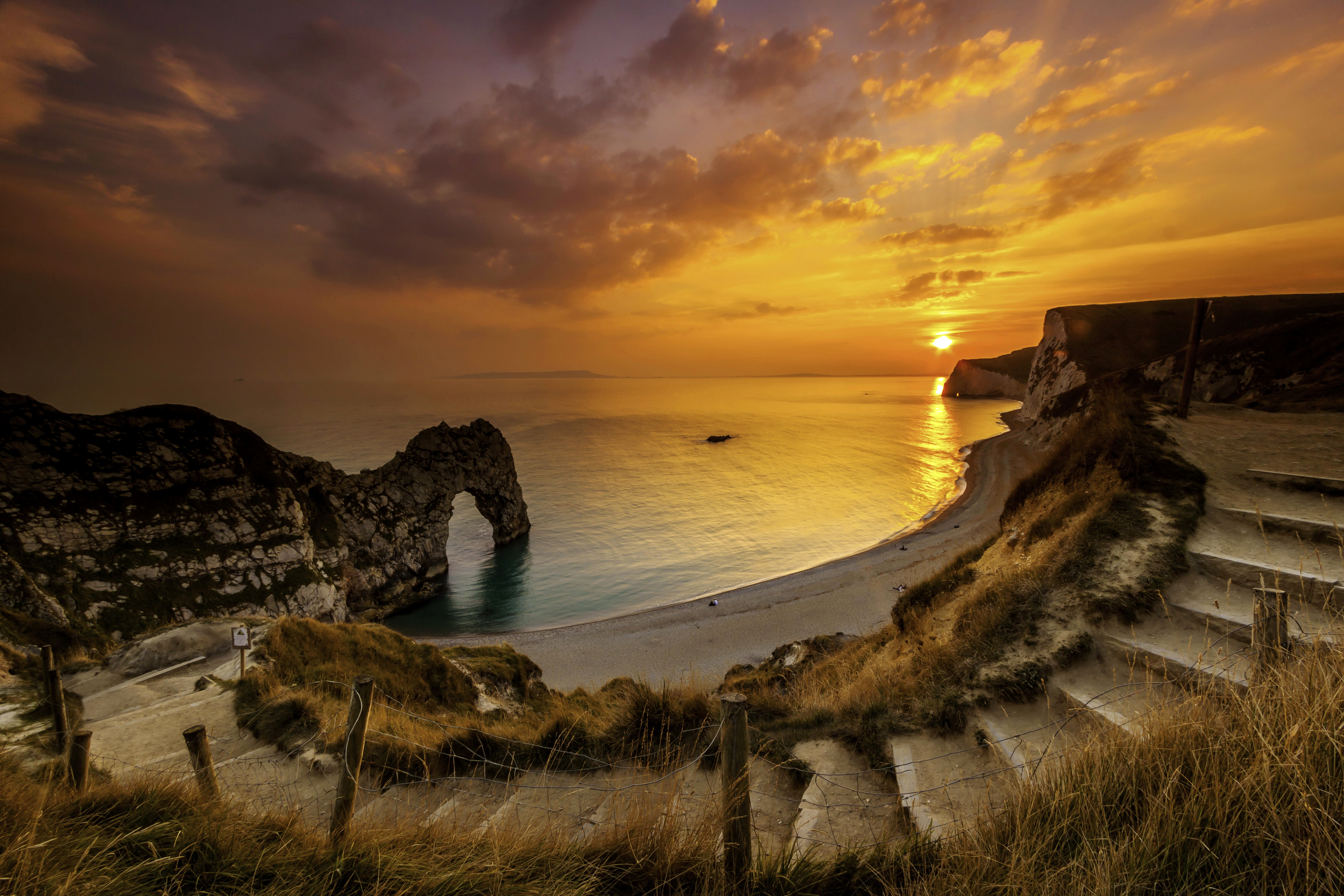 Earth Durdle Door Dorset England Sunset Ocean Sea Rock Horizon 4200x2800