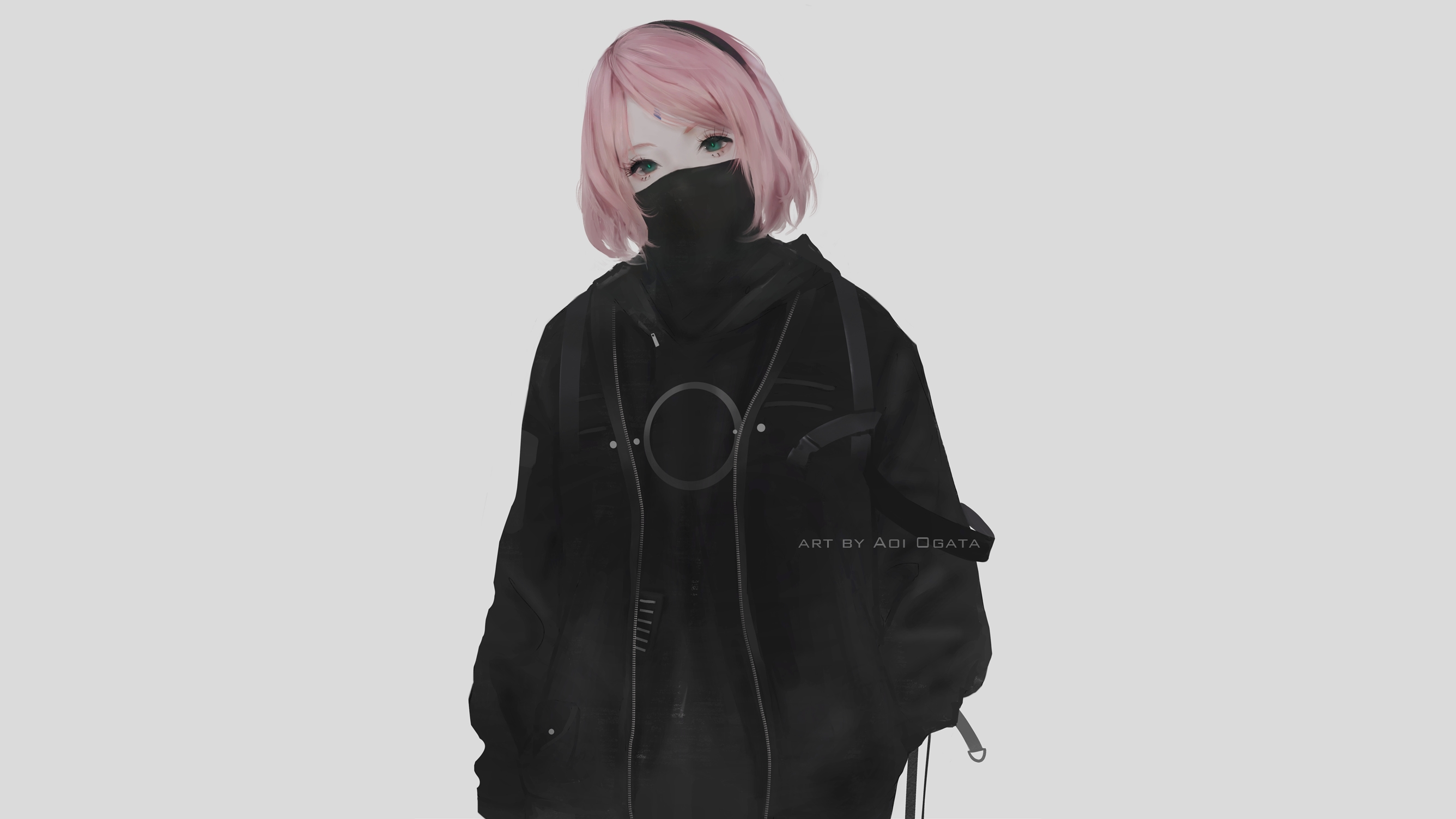 Haruno Sakura Naruto Anime Naruto Shippuuden Anime Girls Women Covered Face Jacket Gray Background S 2672x1503