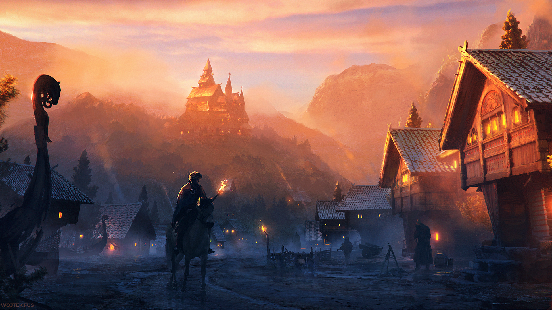 Digital Art Artwork Medieval Village Fantasy City Fantasy Art Mountains Sunset Castle Wojtek Fus 1920x1080