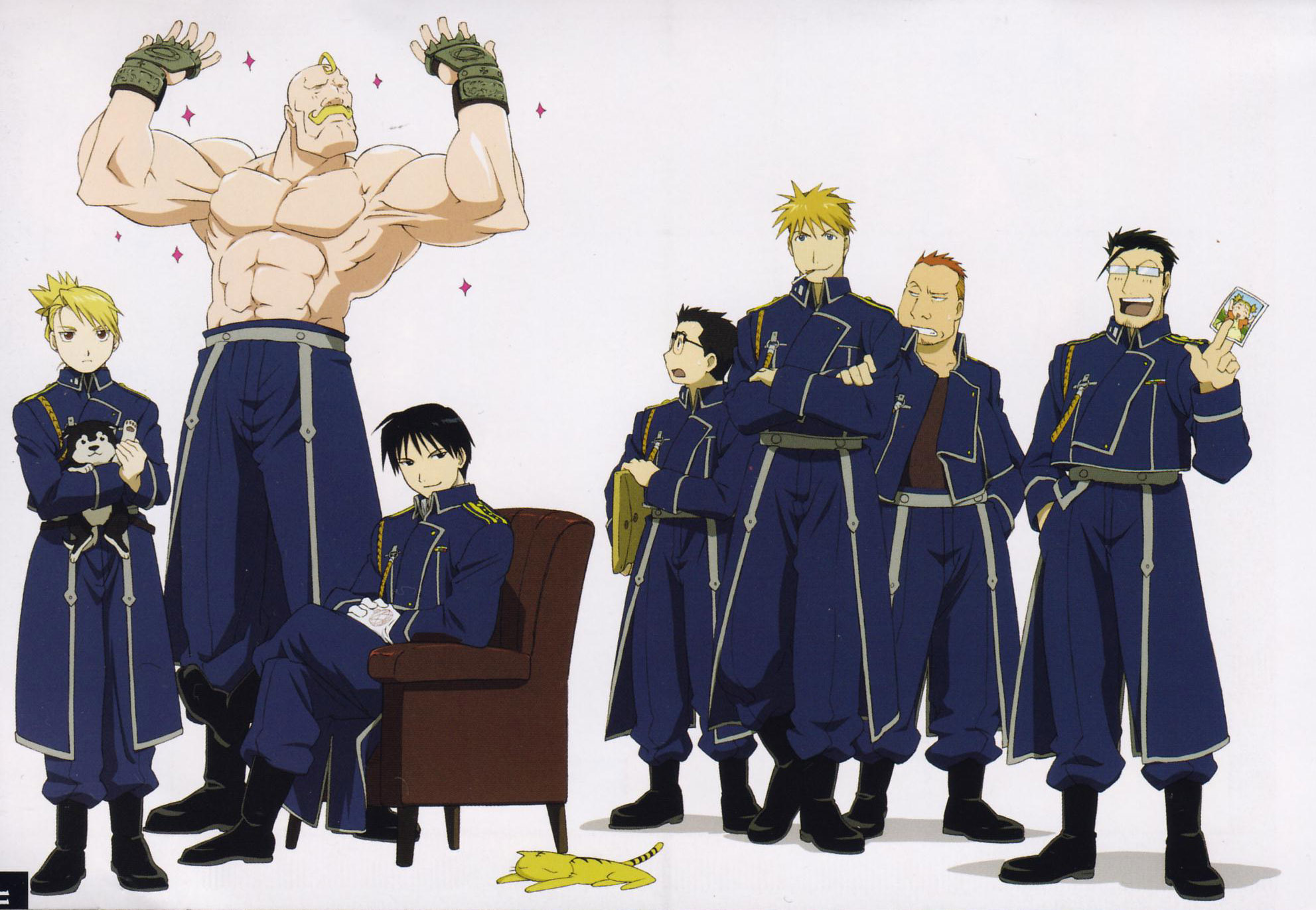 Alex Louis Armstrong Riza Hawkeye Roy Mustang Heymans Breda Jean Havoc Kain Fuery Maes Hughes 1983x1372