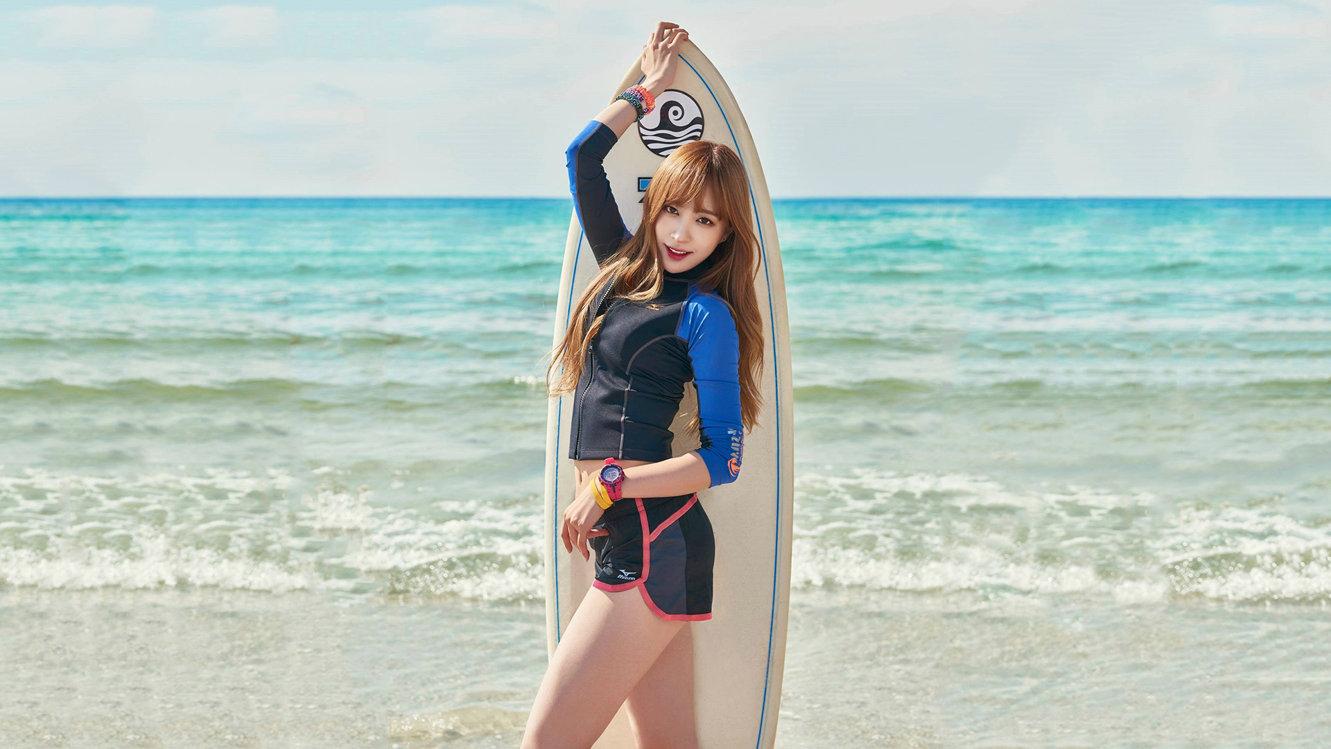 Women Model Asian Beach Waves Surfboards Redhead Sportwear Surfers Smiling Hani EXiD K Pop 1920x1080