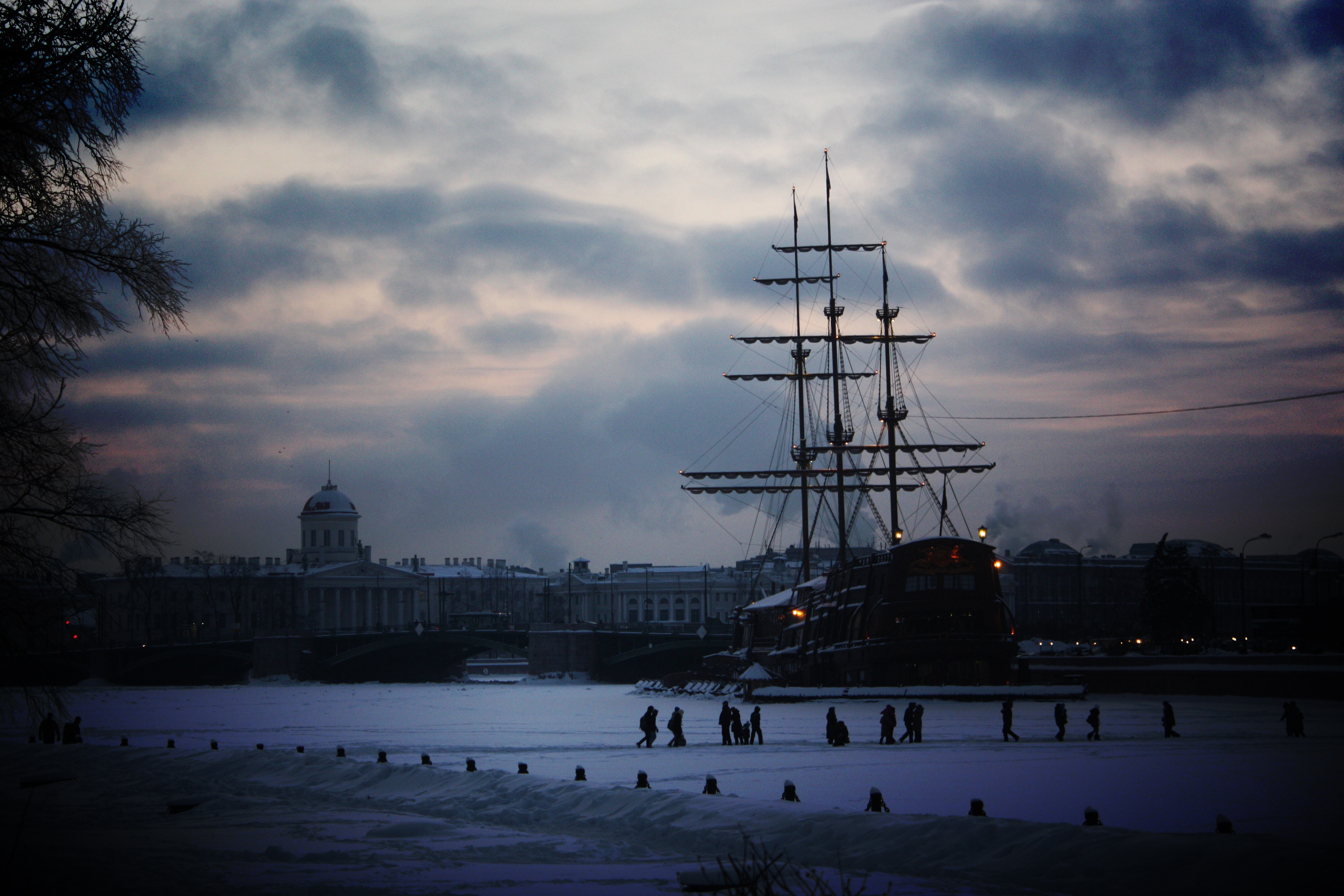 Sailing Ship Water Sea St Petersburg Russia River Winter Snow Frozen River Clouds People City Lights 4272x2848