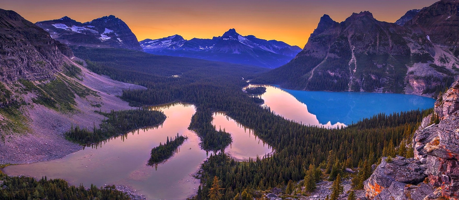 Yoho National Park British Columbia Canada Mountains Valley Lake Forest Cliff Turquoise Water Snowy  1757x768