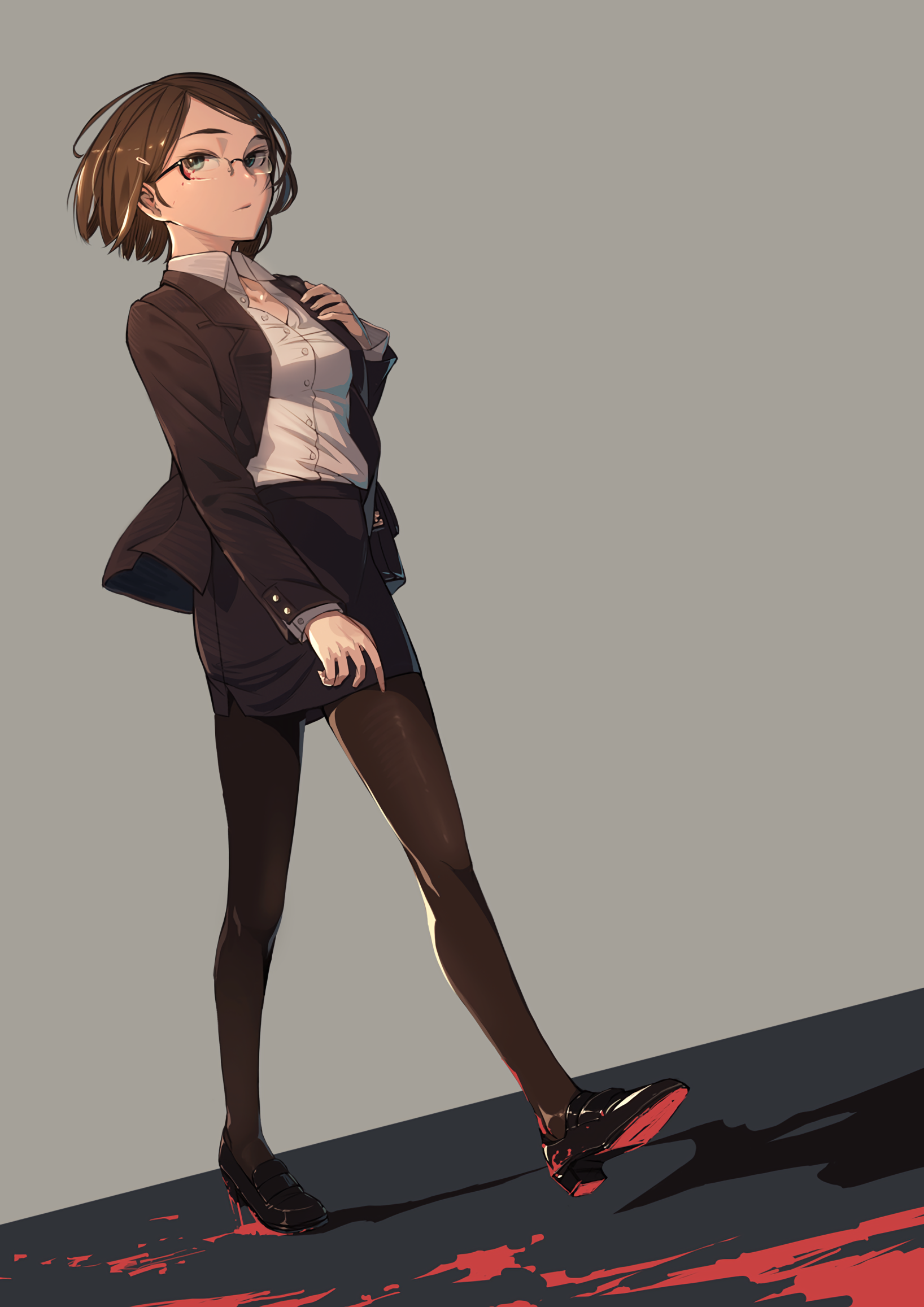 Anime Anime Girls Business Suit Skirt Short Hair Brunette Glasses Meganekko 1636x2314