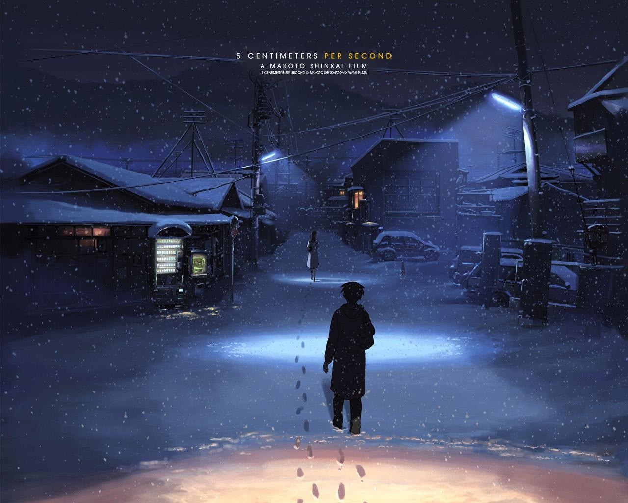 Makoto Shinkai 5 Centimeters Per Second Footprints Winter Snow Street Light Night Anime 1280x1024