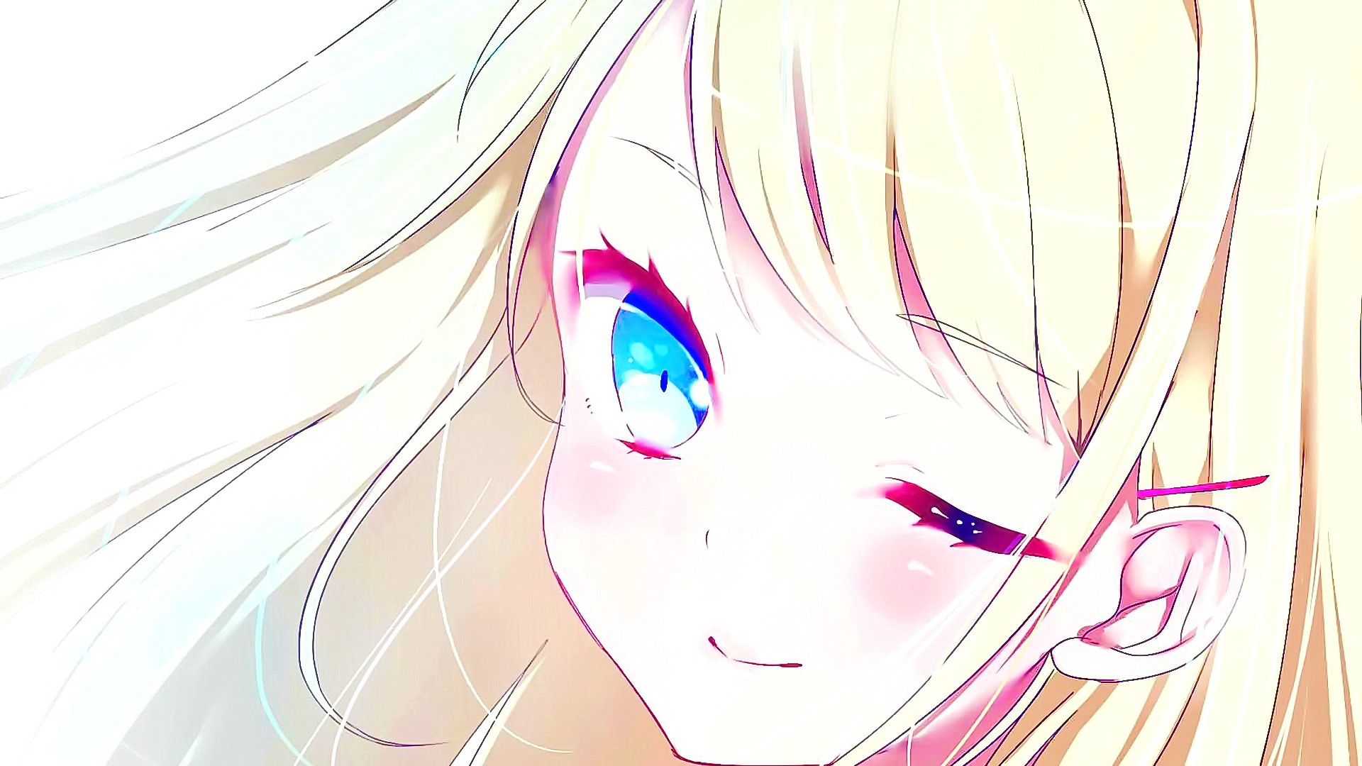 Anime Anime Girls Blonde Wink Smiling Blue Eyes Long Hair Looking At Viewer White Background Kin Iro 1920x1080